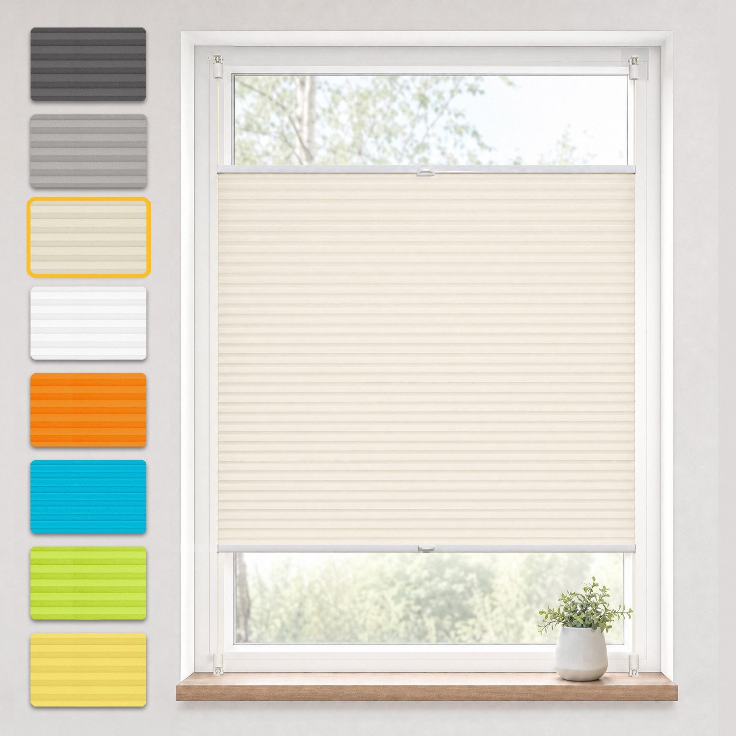 OUBO Plissee ohne Bohren Klemmfix, Sichtschutz und Sonnenschutz, Klemmträger, Lichtdurchlässig Rollo für Fenster & Tür, Klemmfix, mitgelieferten, verstellbaren Klemmträger