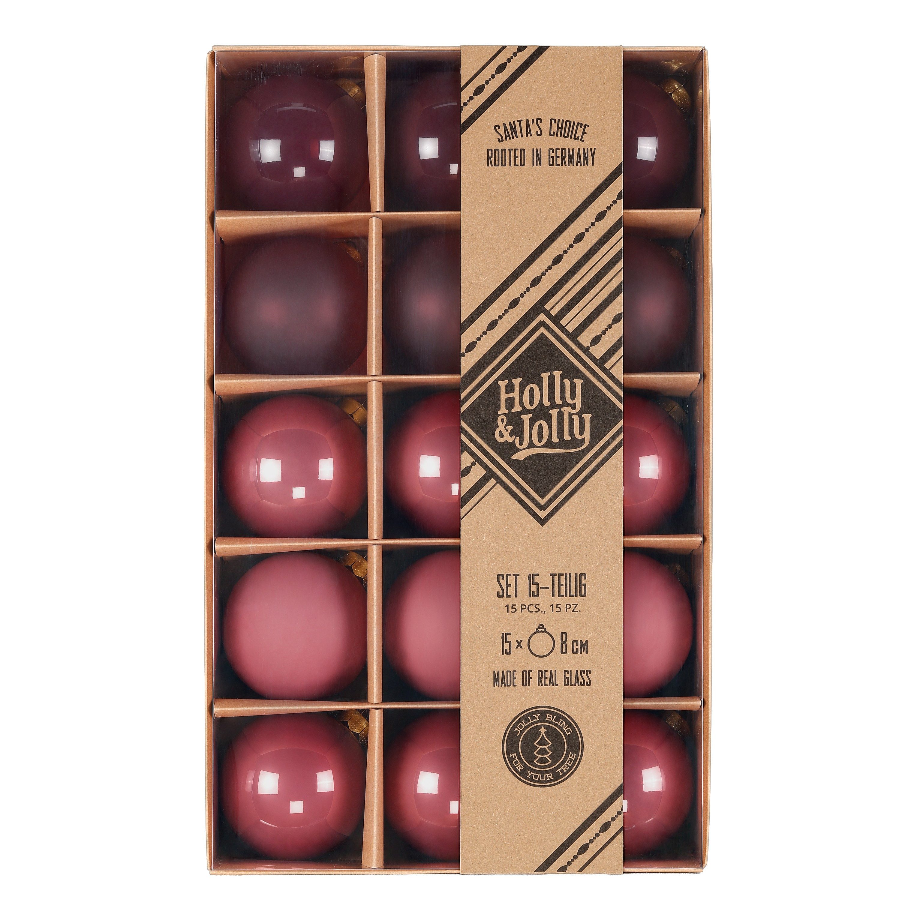Holly & Jolly Weihnachtsbaumkugel, Weihnachtskugeln Glas 8cm 15 Stück - Dusty Rose Flow