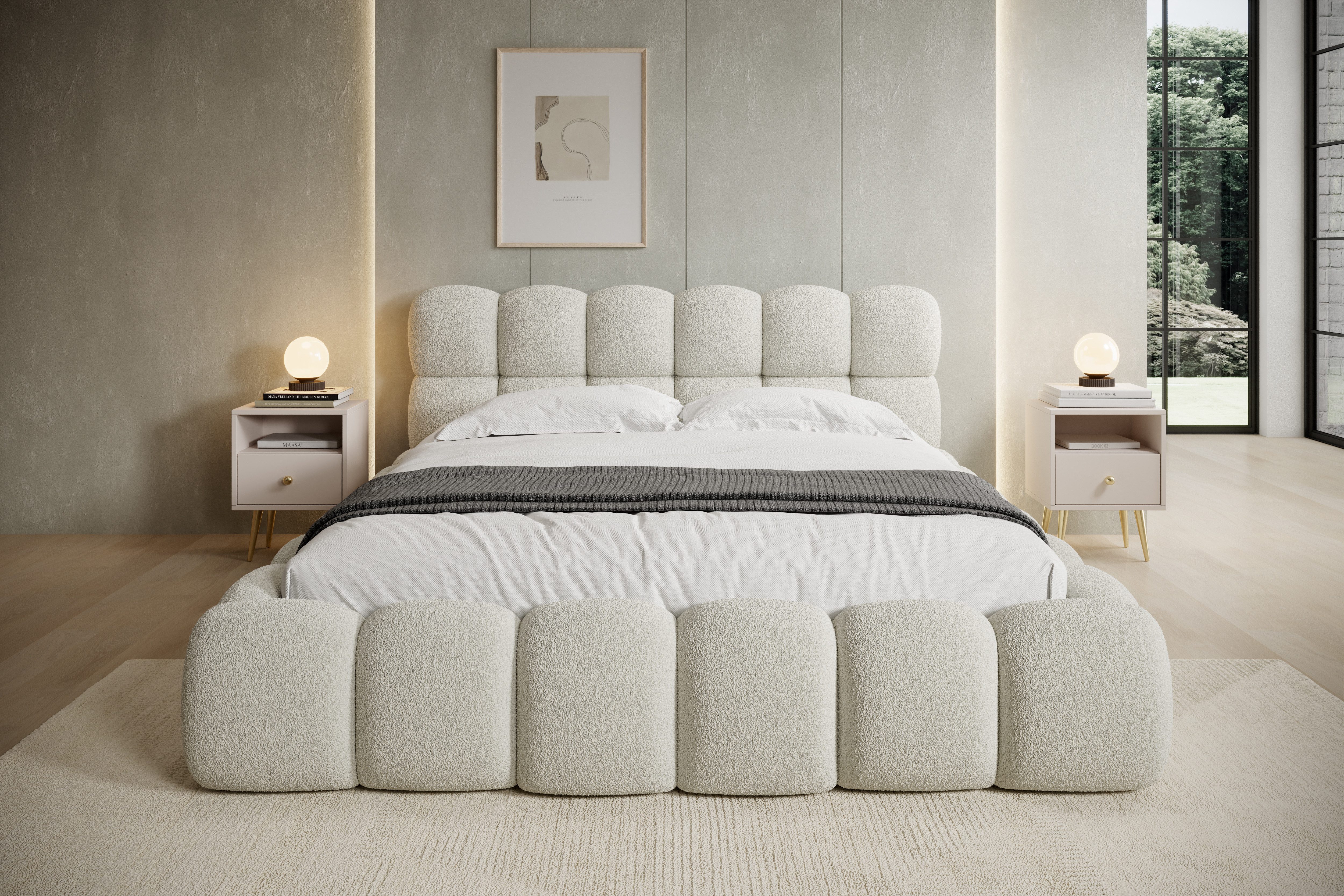 thematys Polsterbett mit Bettkasten 140x200–200x200 cm – Velours oder Bouclé Bezug – (Polsterbett in den Varianten Bouclé (Fredo), Velours (Velutto) - Wolkenbett mit XXL Kopfteil), Wolkenbett mit XXL Kopfteil)