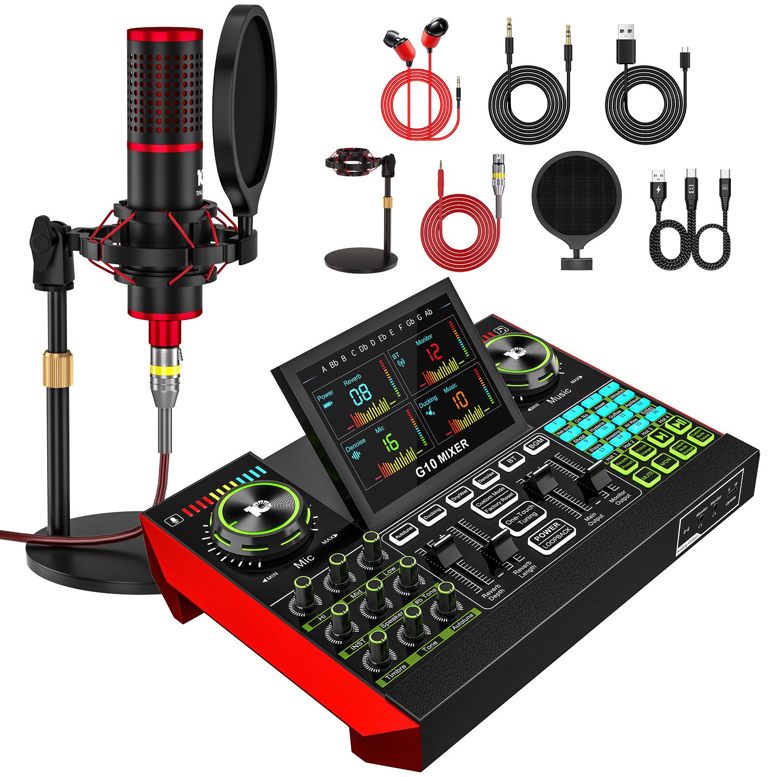 Tenlamp G10 Zehn Lampen Podcast- & Streaming-Set mit Mixer Soundkarte 7.1 Surround, USB-Plug-and-Play, Display, Stimmwechsel, Aufnahme, Hall