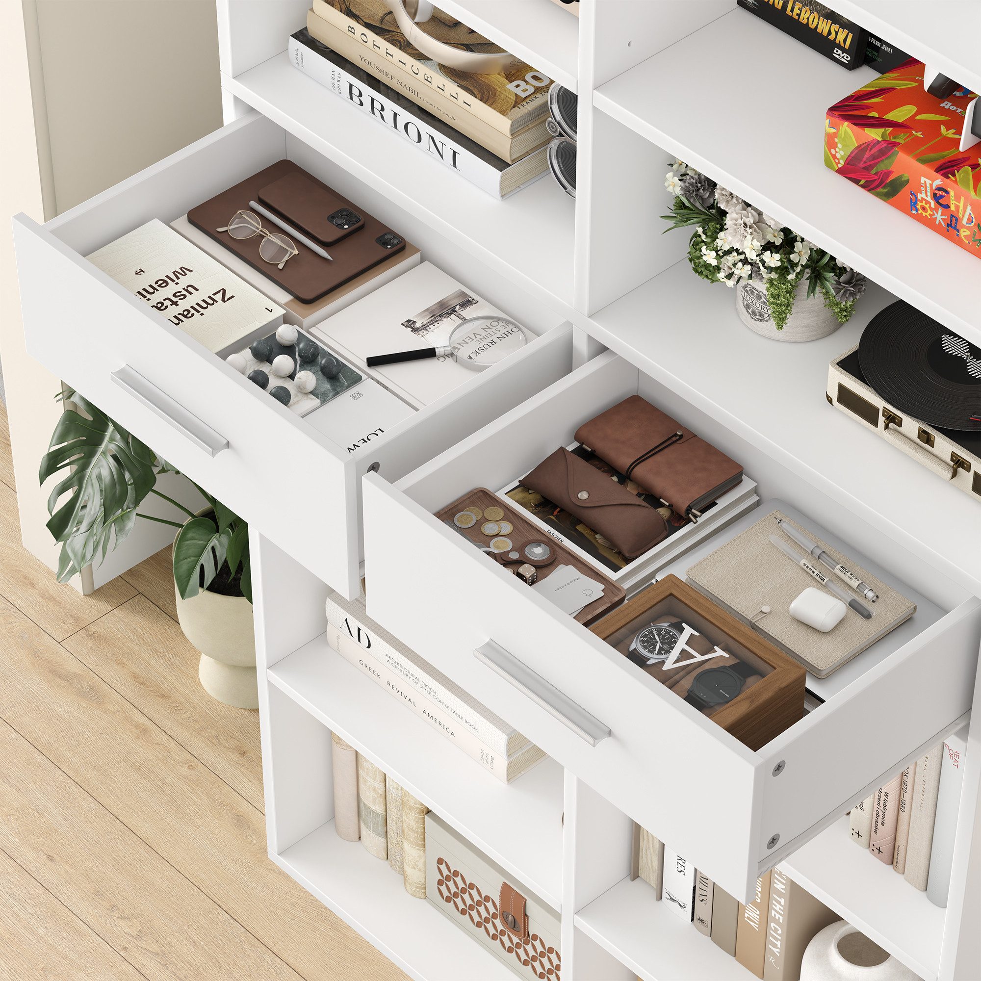 HOMECHO Bücherregal, 185,5 cm hoch Standregal mit 8 Ebenen und 2 Schubladen