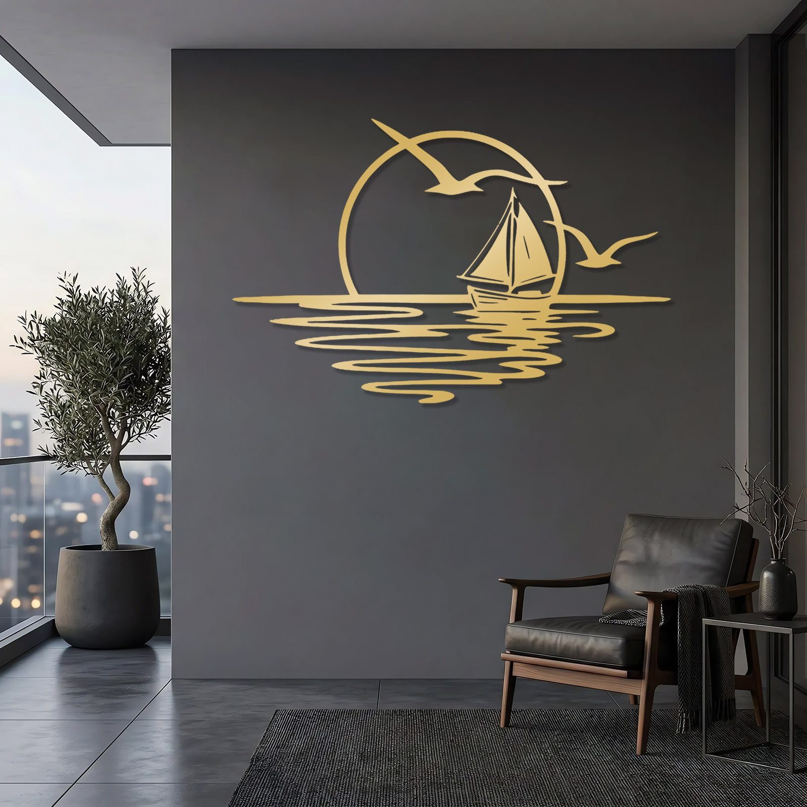 Jumpeak Wanddekoobjekt Wanddeko mit Segelbooten und Möwen,Sonnenaufgang,Sonne,Meer,Seefahrt, Metall,4 Farben,4 Maße,Wasserwellen, Strichkunst,Natürliche Atmosphäre