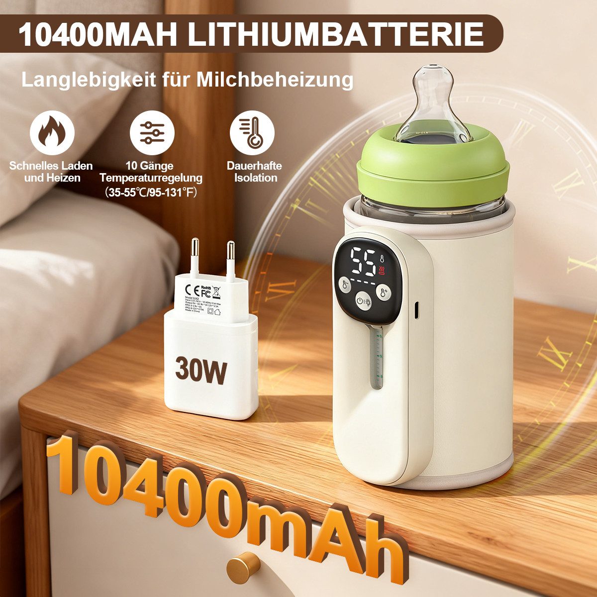 DOPWii Flaschenwärmer Tragbar Multifunktionaler Baby Flaschenwärmer mit Temperaturanzeige, mit White Noise Player,Bluetooth Lautsprecher, Verstellbares Klettband