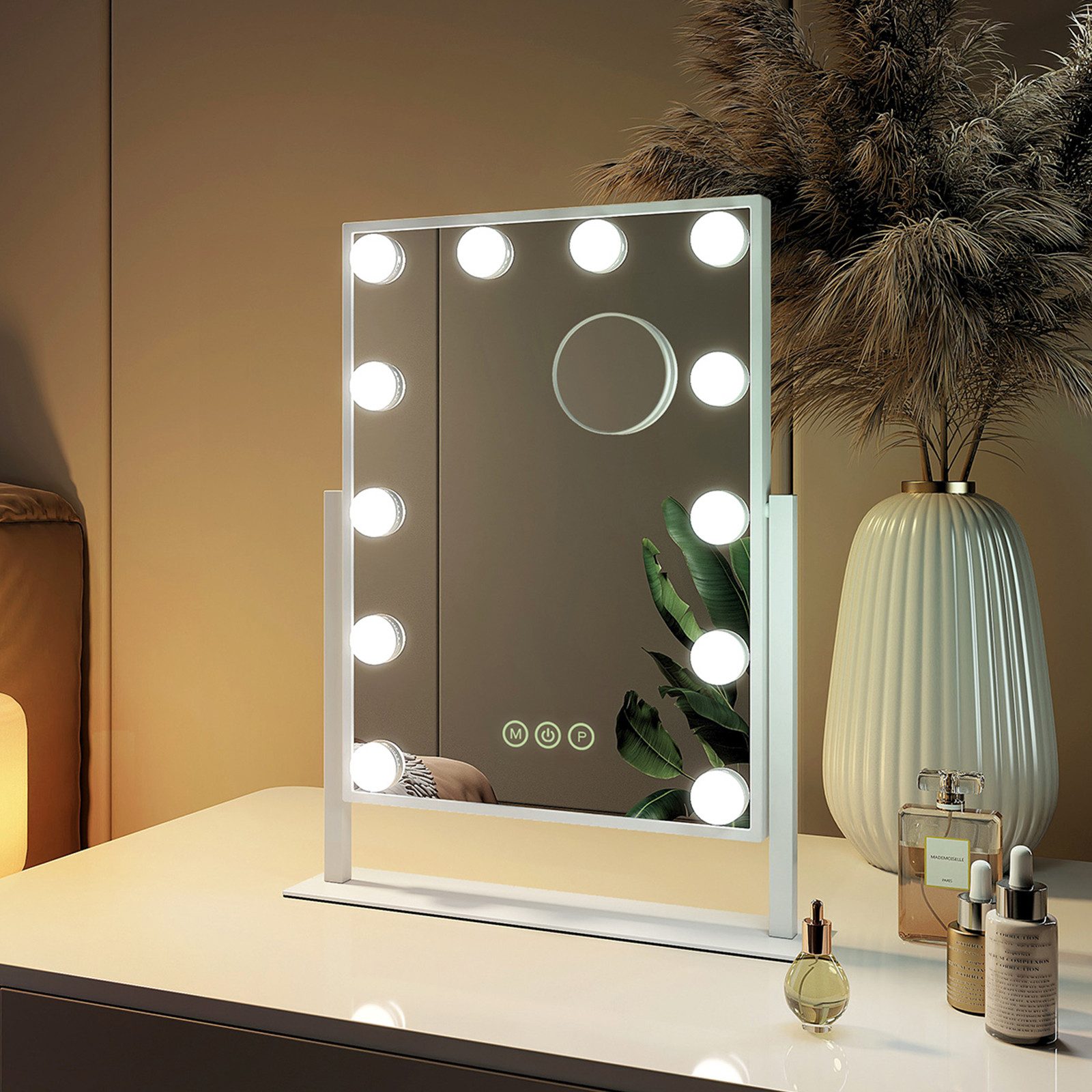 EMKE Kosmetikspiegel 1 PLUS 1 Hollywood Spiegel 360° Drehbar mit 7x Vergrößerung Spiegel (Sternenlicht), mit LED Glühbirne 3 Lichtfarben Dimmbar 7x Vergrößerung