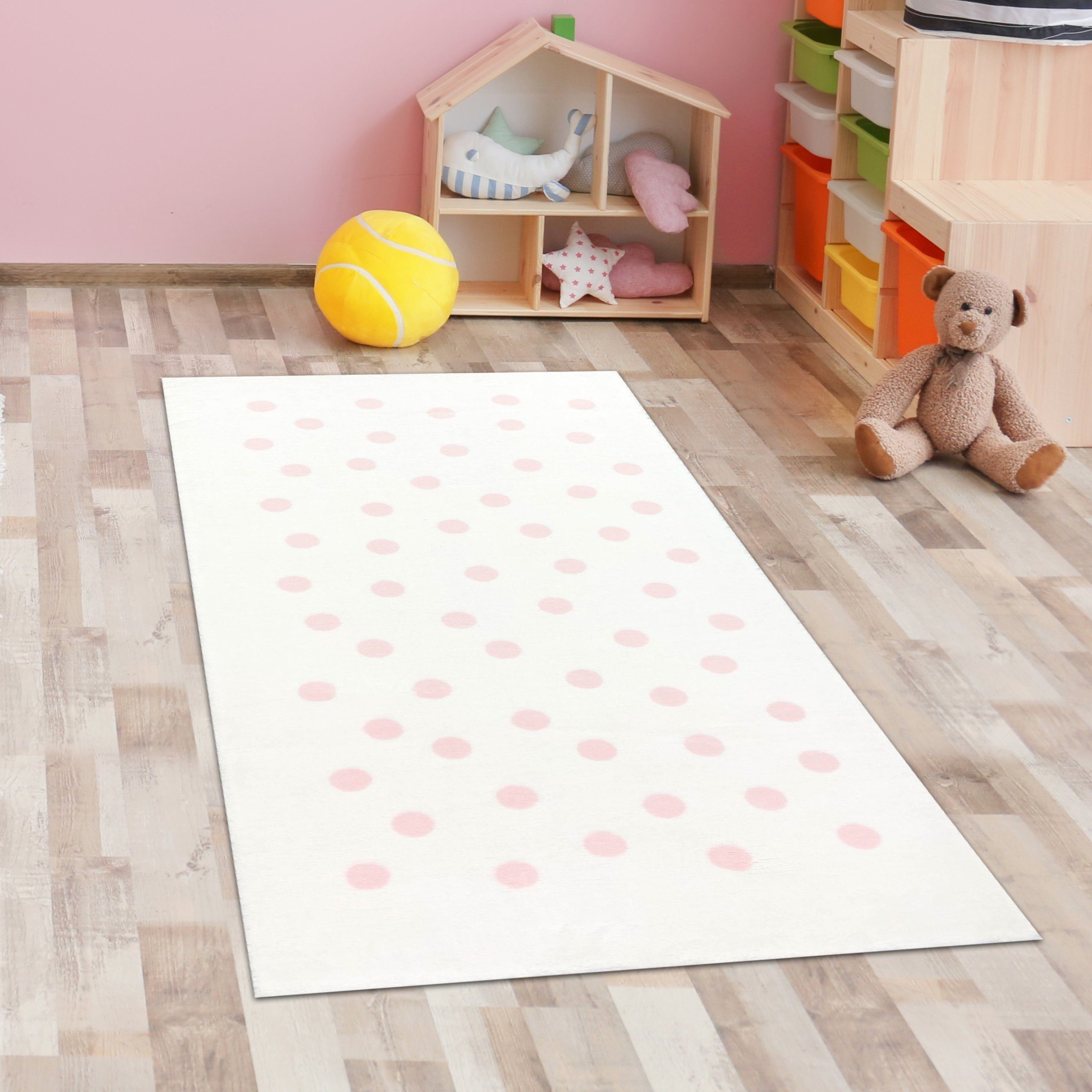 Kinderteppich Teppich Spielteppich rosa Punkte flauschig in creme