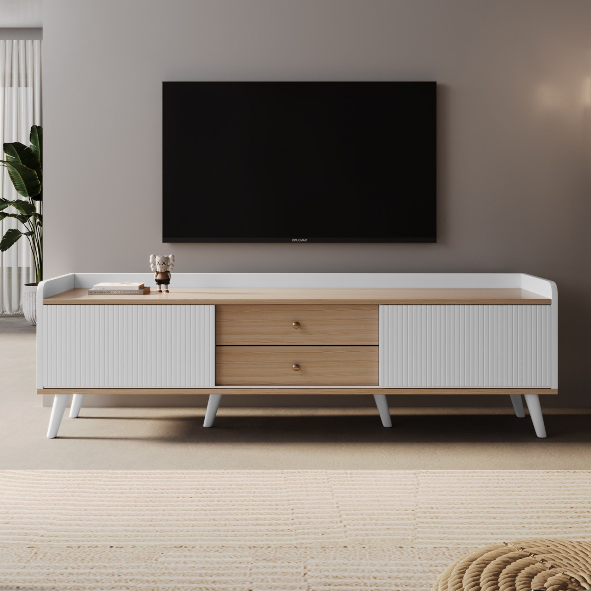 Celya TV-Schrank mit zwei Schubladen, Fernsehtisch TV Board TV- Lowboard niedrige Platte mit zwei Schiebetüren, Exquisite Textur Weiß