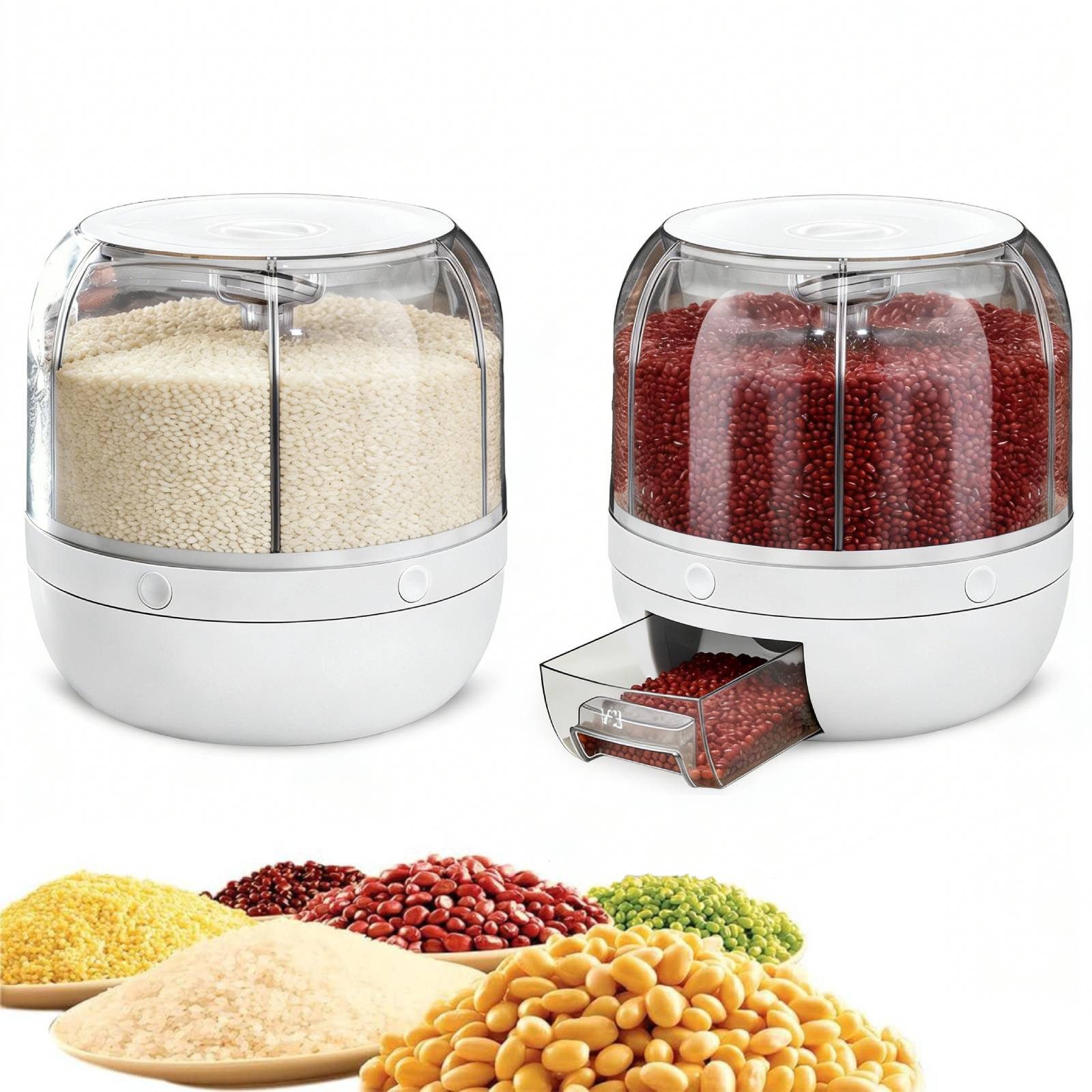 BlingBin Müslispender 360° Drehbarer Getreidespeicher, Lebensmittelspender mit 6 Fächern, PP-Kunststoff, (1er Set, 2-tlg., Abmessungen: 22 x 23,6 CM), Aufbewahrungsbehälter mit Deckel für Reis Getreide Nüsse