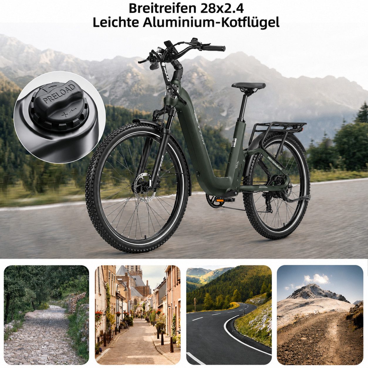 TTGO E-Bike Cityrad 28 Zoll, Fully, Vollfederung, 120km, Drehmomentsensor, mit Bremslicht, 7 Gang Shimano, Kettenschaltung, Heckmotor, 720 Wh, (Farb-LCD-Display, Hydraulische Scheibenbremsen, 5 Stufen), Lockout-Federgabel, 70Nm, Pedelec, Elektrofahrrad für Damen und Herren
