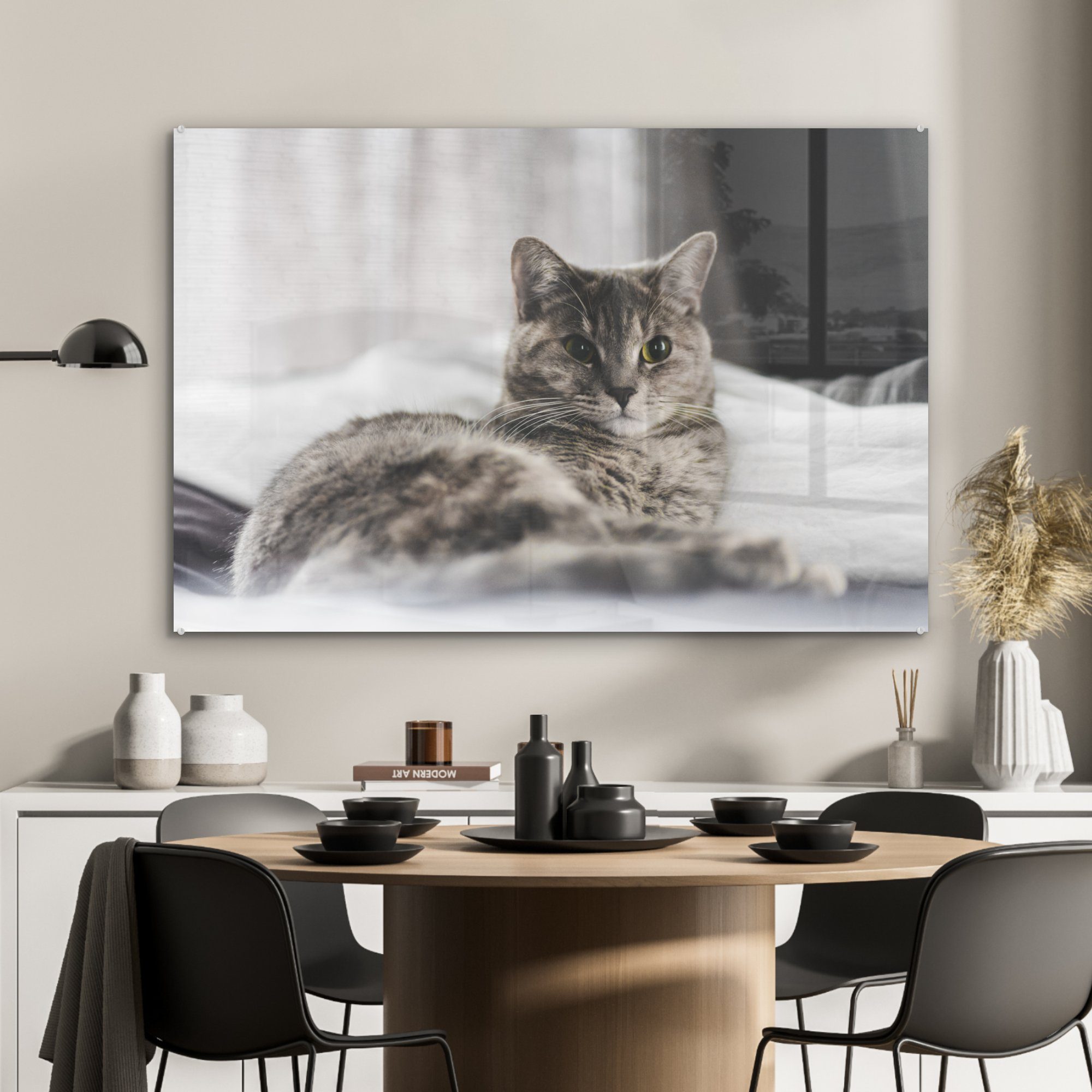 (1 St), Bettlaken Schlafzimmer Acrylglasbilder Katze Bett, MuchoWow - Acrylglasbild Wohnzimmer - &
