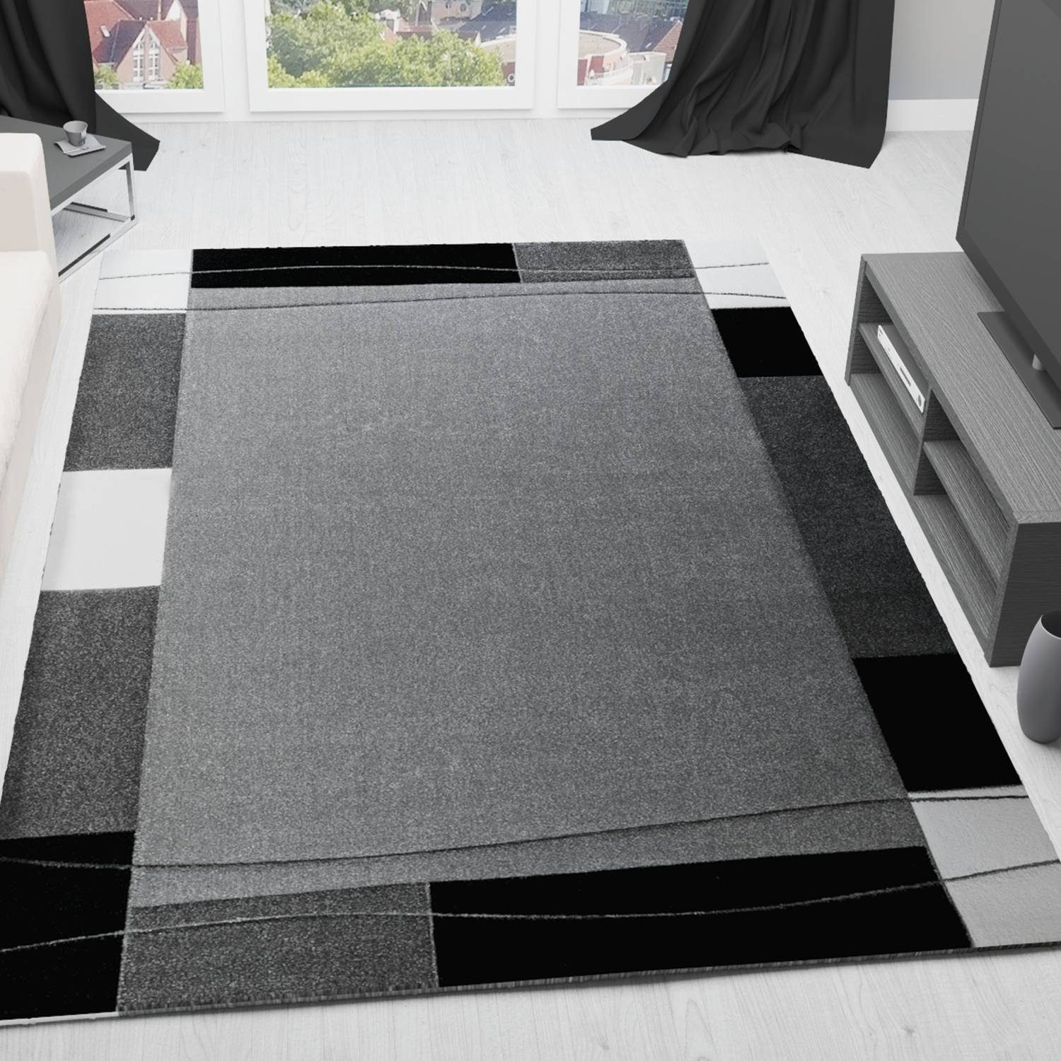 Teppich Teppichwohnzimmer Grau Klassiker Kurzflor dicht gewebt