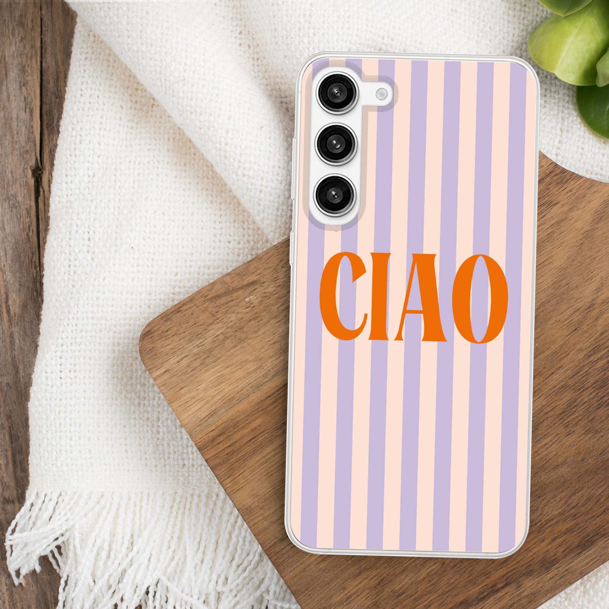 MuchoWow Handyhülle für Samsung Galaxy S23 Plus Ciao - Zitat - Pastell - Streifen, Phone Case, Silikon, Schutzhülle Dünn