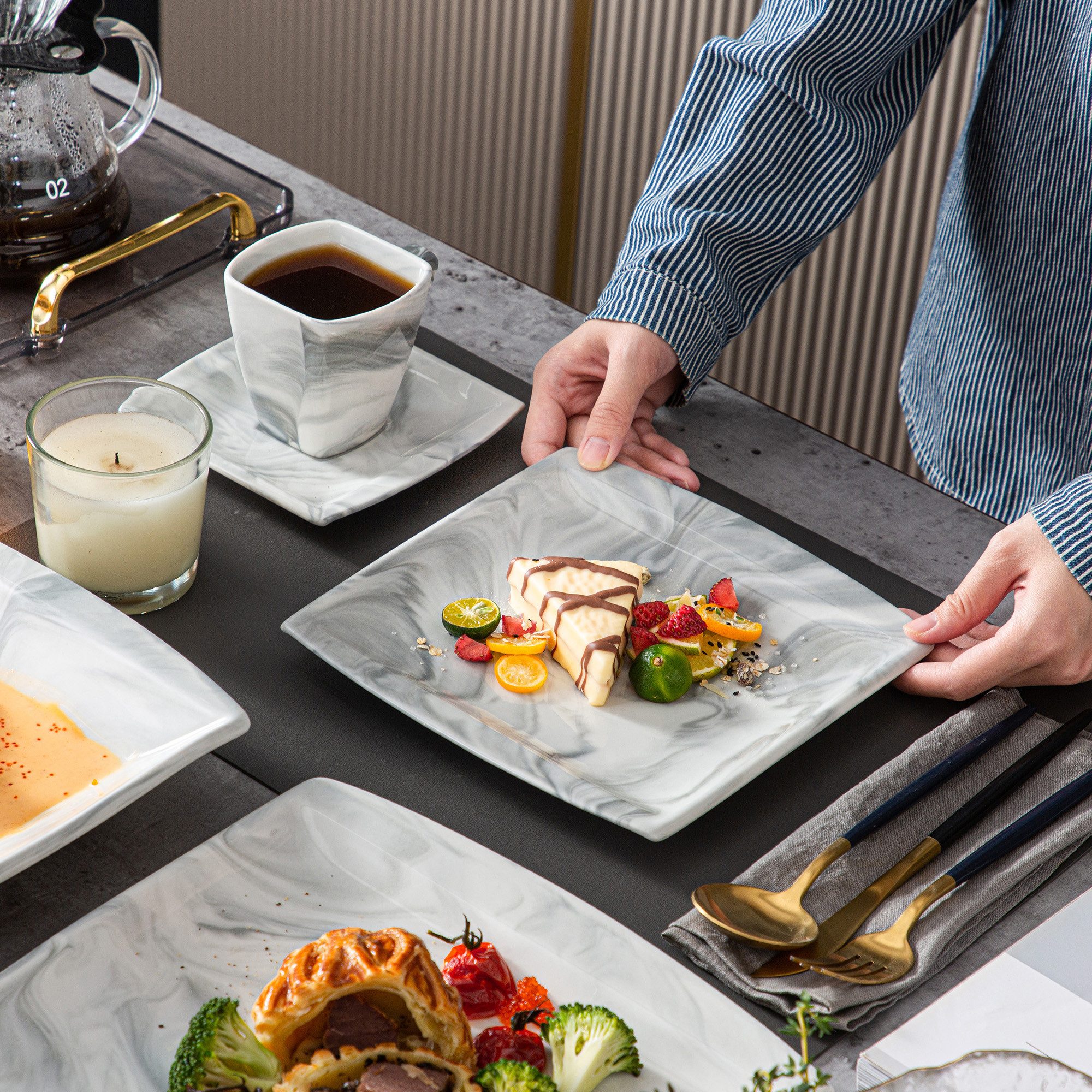 MALACASA Geschirr-Set Tafelservice BLANCE für 6 Personen (30-tlg), 6 Personen, Porzellan, Porzellan Geschirrset, Marmor-grau