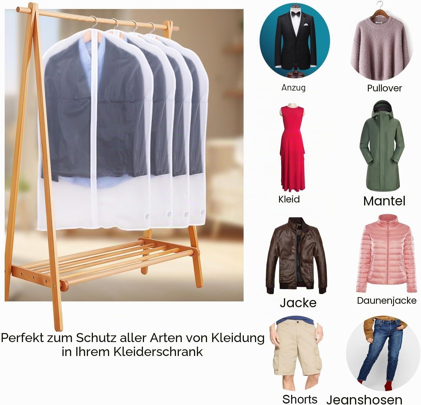 wohnTRAUM24 Kleidersack 5er Kleidersack Staubschutz für Kleidung, 60x100 cm mit Reißverschluss Kleidersäcke für Kleidung bis 90cm Läng