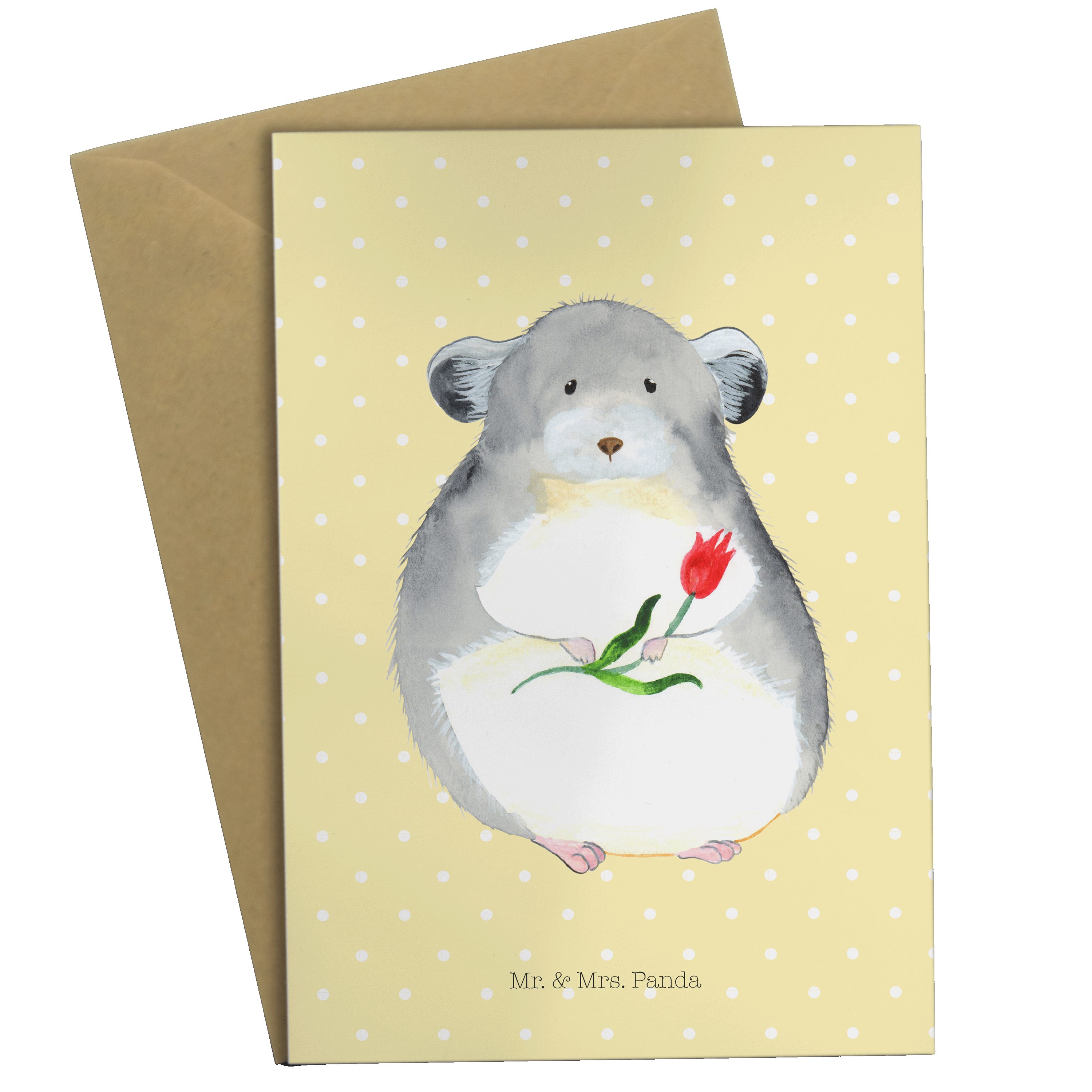 Mr. & Mrs. Panda Grußkarte Chinchilla mit Blume - Gelb Pastell - Geschenk, Karte, Hochzeitskarte