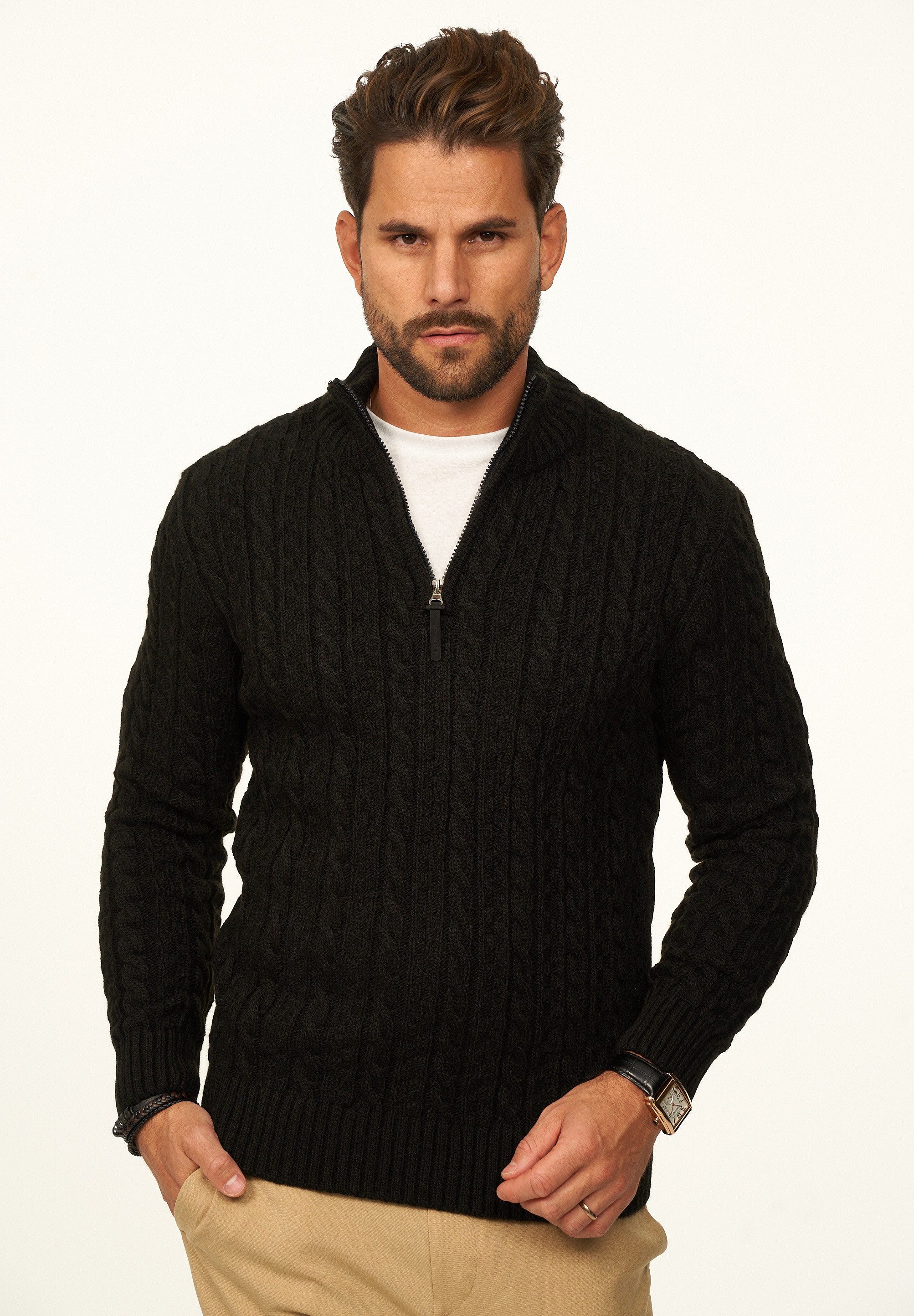 DAILY COTTON Strickpullover als Grobstrick Troyer Pulli mit Zopfmuster für Herren Männer Winterpullover Half-Zip im Regular-Fit
