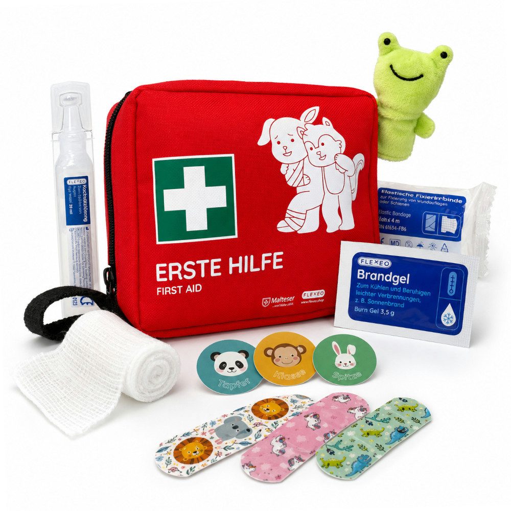 FLEXEO Erste-Hilfe-Set für Kinder, (1 St), mit süßen Pflastermotiven, Stickern & Fingerpuppe