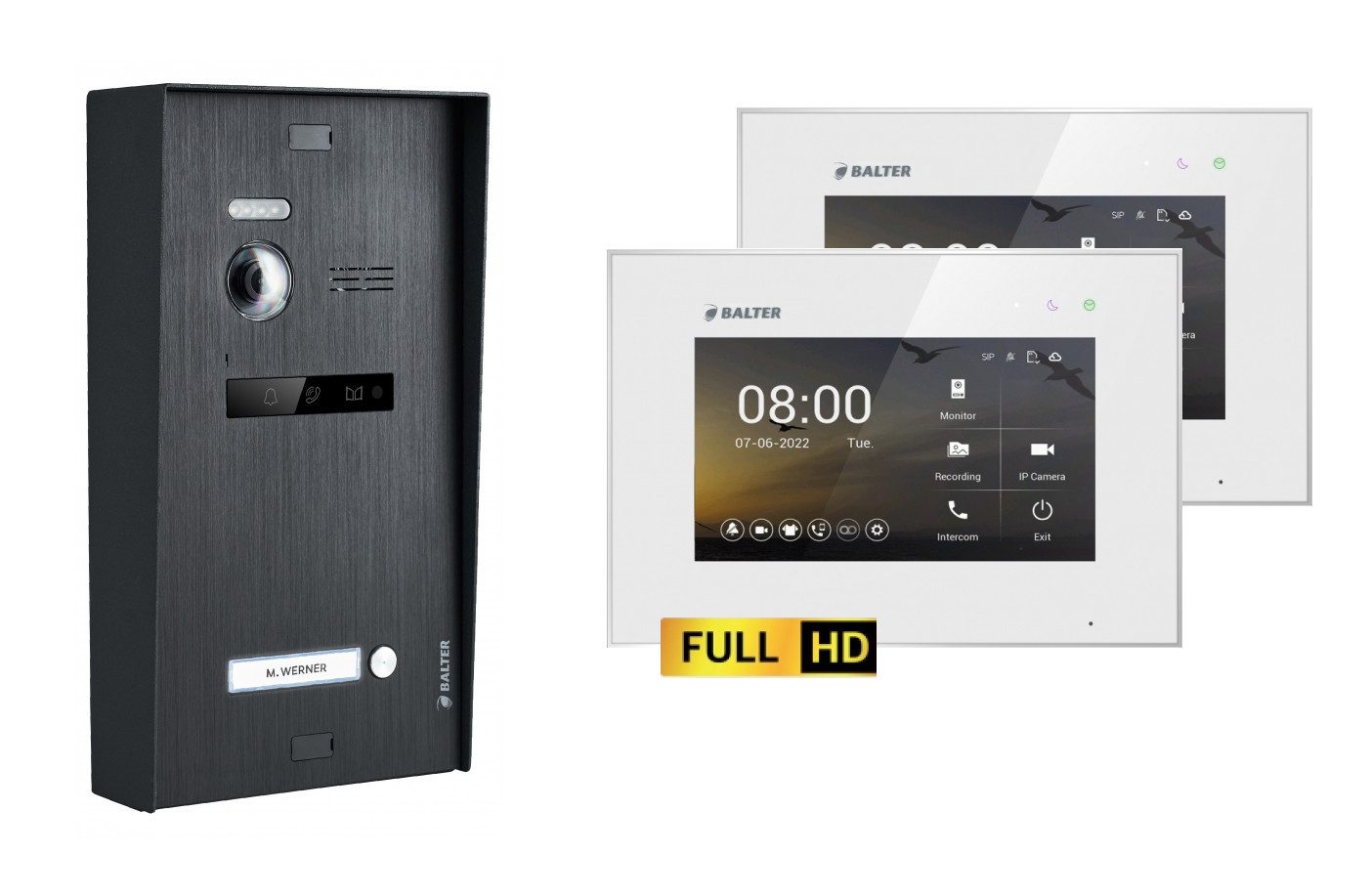 Balter Video-Türsprechanlage BALTER EVO-HD Aufputz Türsprechanlage 1-Familienhaus Schwarz Weiß (Set, 1-Familienhaus, Komplettset, Full HD 175° Kamera, Touchscreen-Monitor)