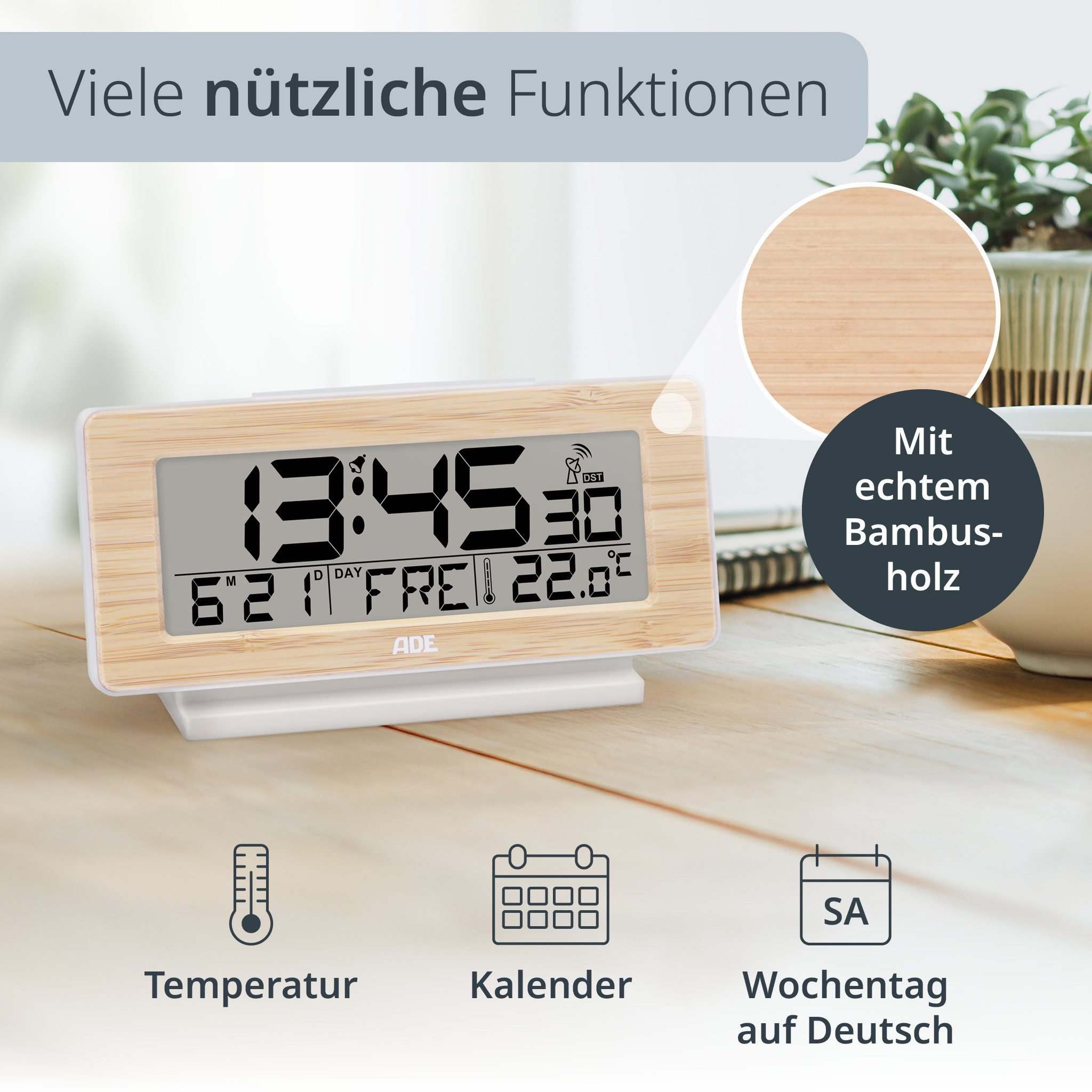 ADE Funkwecker Digitaler Wecker mit Beleuchtung, ohne Ticken mit Wochentag- günstig online kaufen