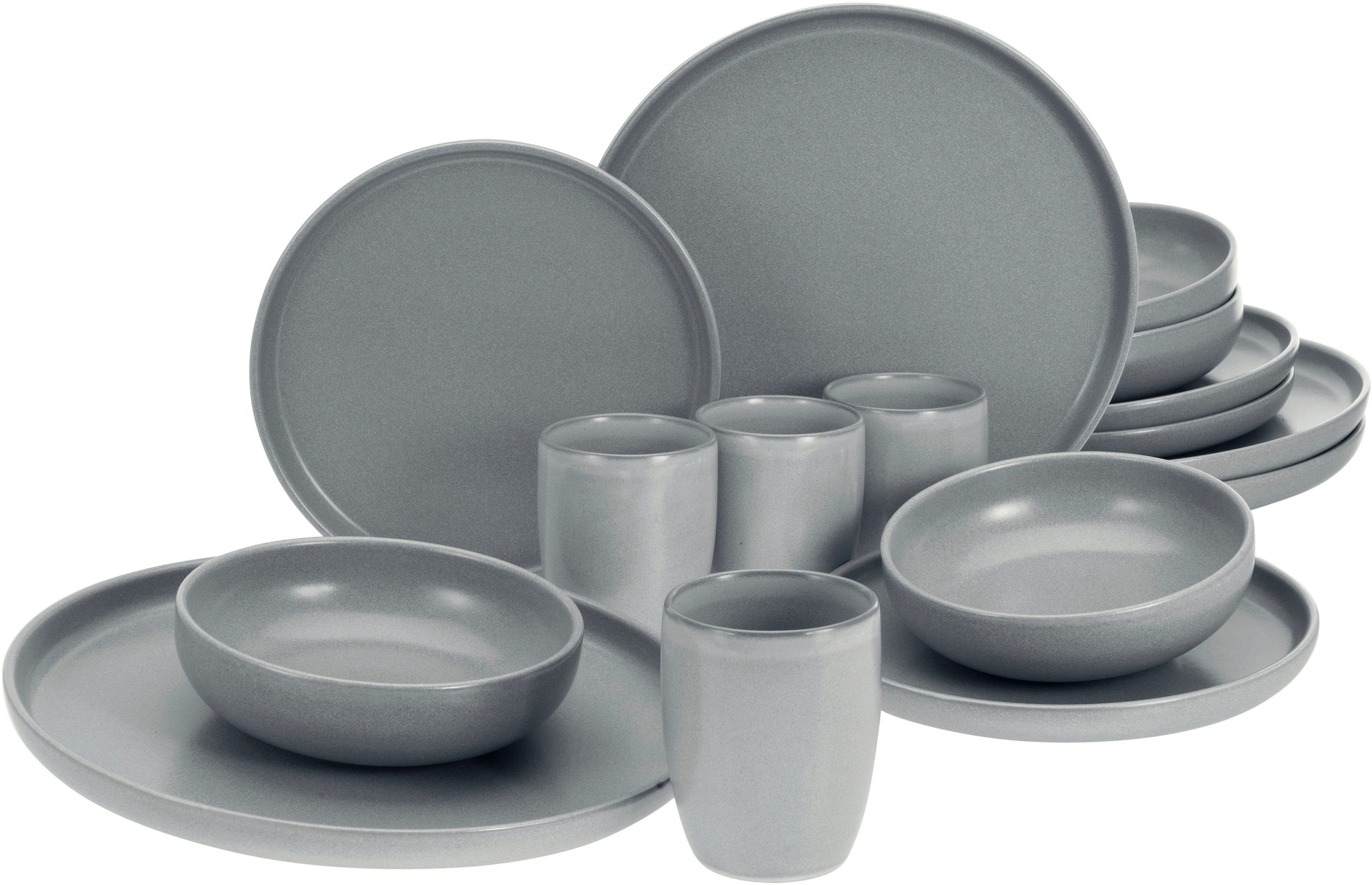 CreaTable Kombiservice Uno (16-tlg), 4 Personen, Steinzeug, seidenmatte Oberfläche, jedes Stück ein Unikat