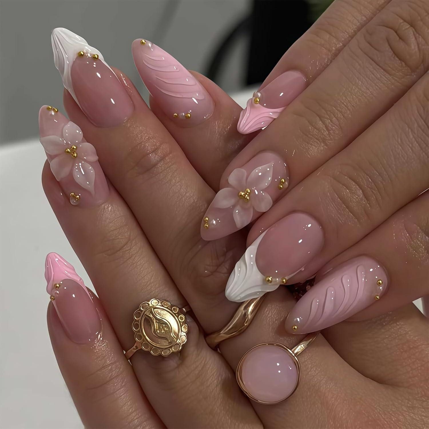 LuxusKollektion Kunstfingernägel Press On Nägel Mandel Pink French 3D Blumen Gold Glitzer style-10