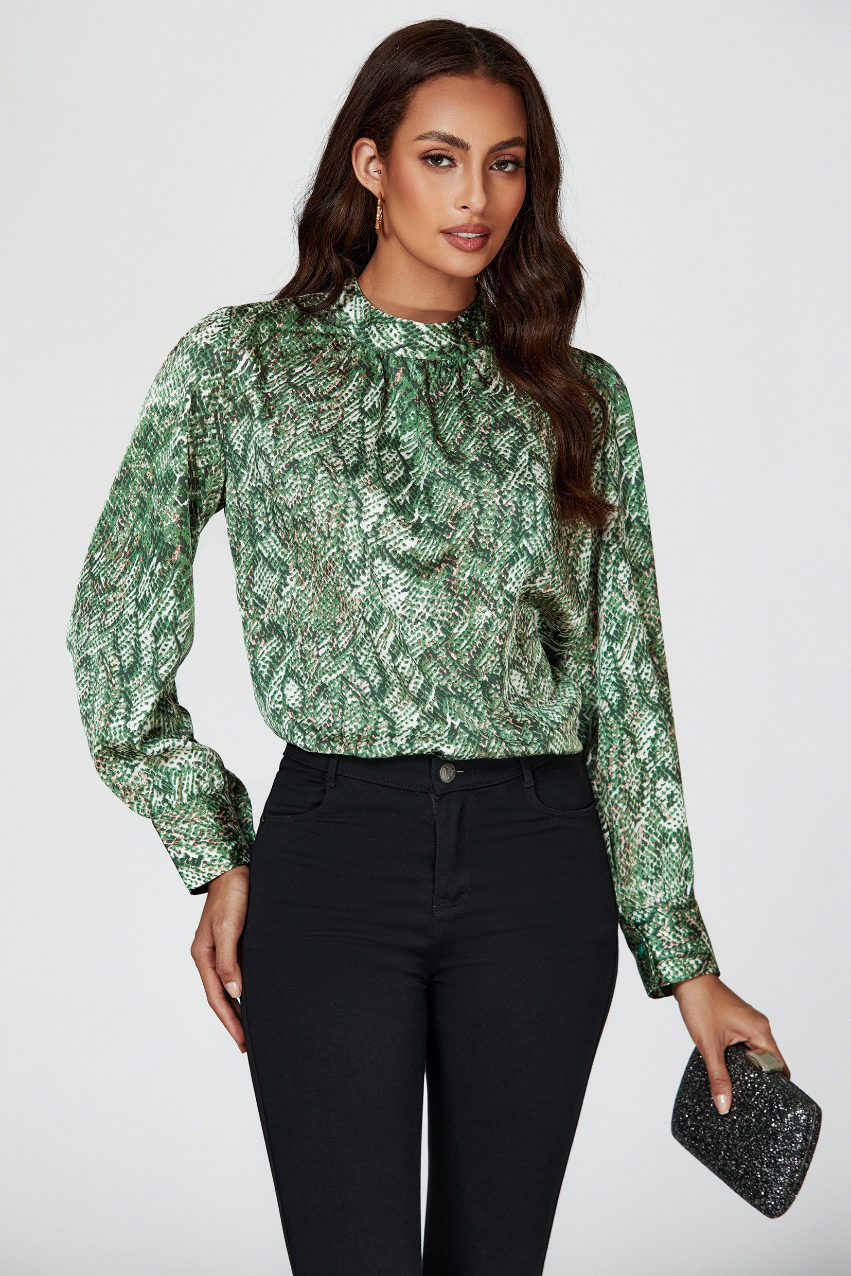 FS Collection Langarmbluse Damen Langärmelige Bluse - Bluse mit Blumenmuster und hohem Kragen (XS (UK 8 / EU 36) S (UK 10 / EU 38) M (UK 12 / EU 40) L (UK 14 / EU 42) XL (UK 16 / EU 44), 4 Farben : Blau, Grün, Rust, Rosa und Gelb) leicht, formstabil, weich fließend