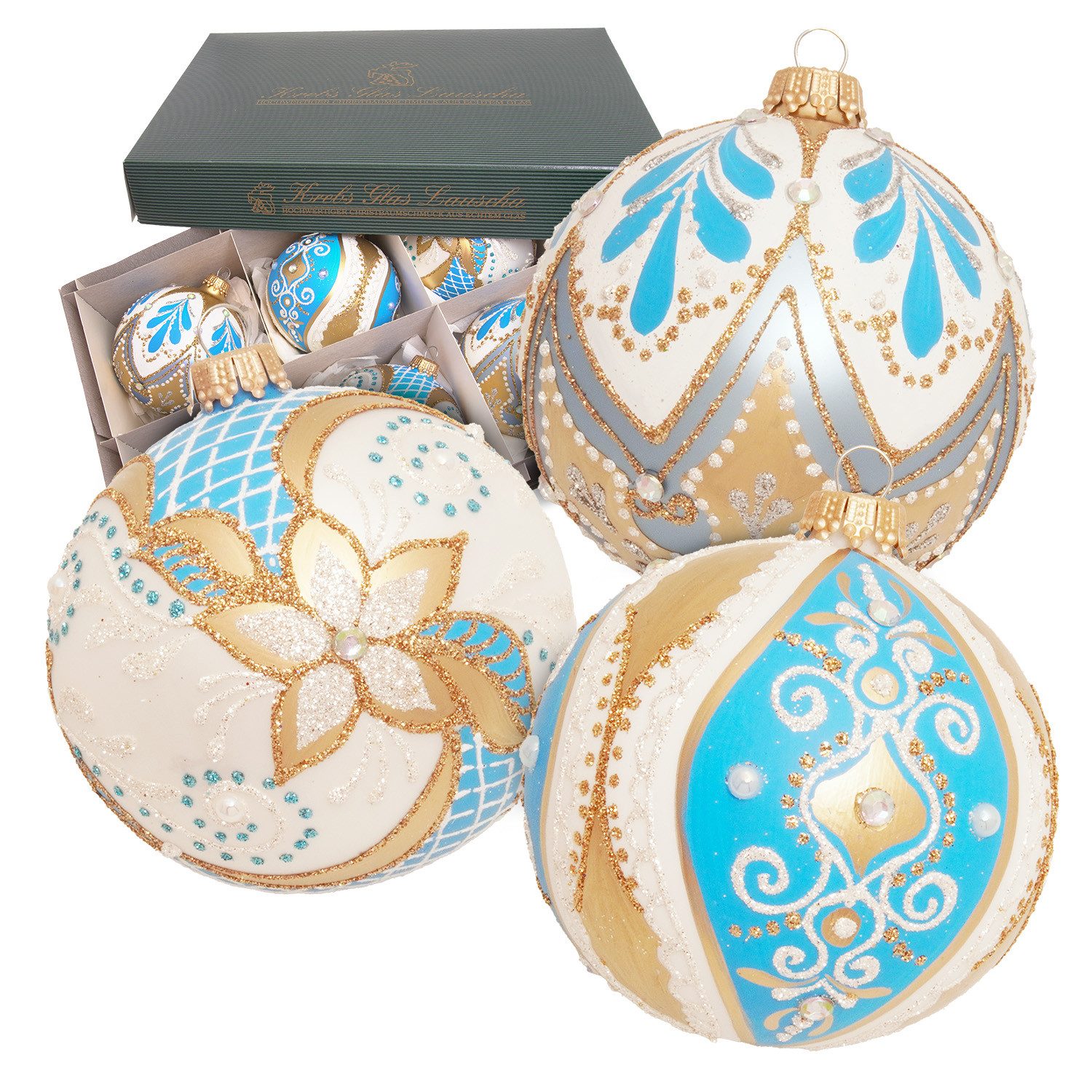Krebs Glas Lauscha Weihnachtsbaumkugel 6er Set - Glasanhänger - Barock-Style in Weiß, Hellblau und Gold - 8cm, Weihnachtsdekoration mit funkelnden Details und stilvollen Akzenten