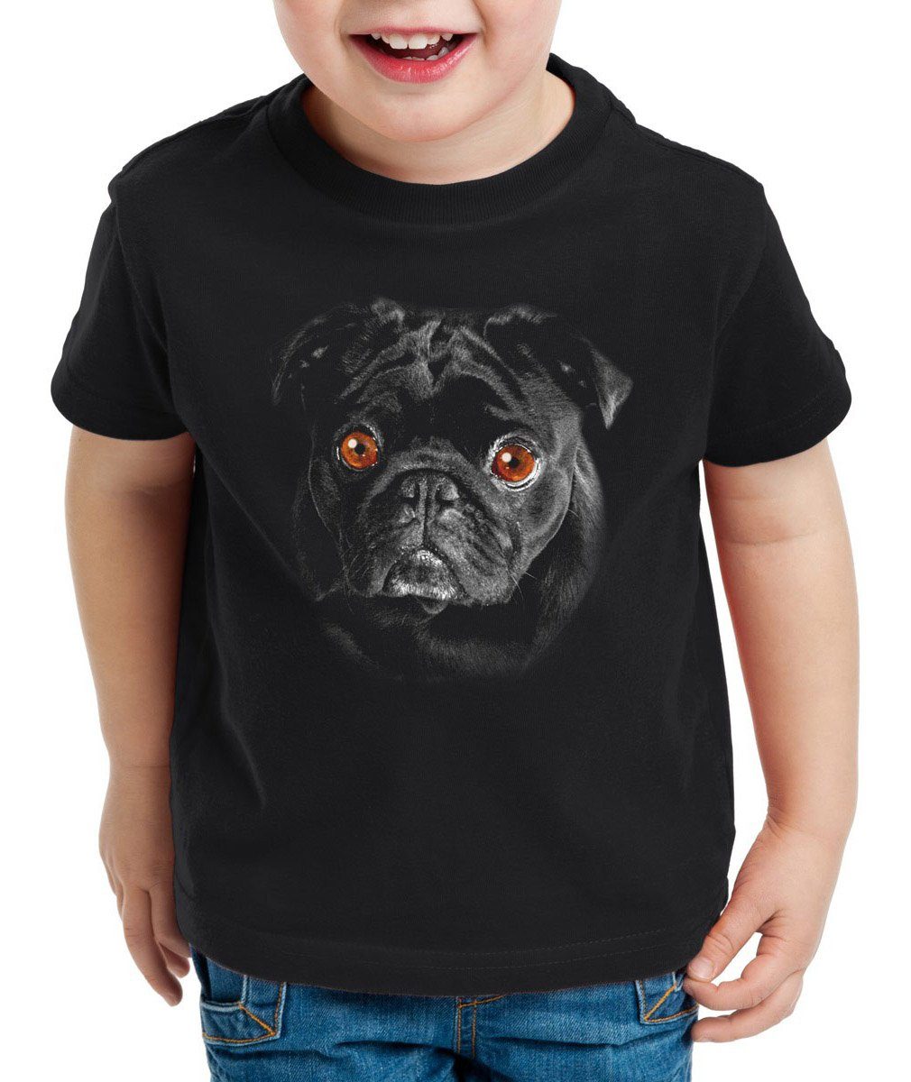 style3 Print-Shirt Kinder T-Shirt Mops Hund Dog mountain Haustier Tier  Rasse Kopf Hundekopf view