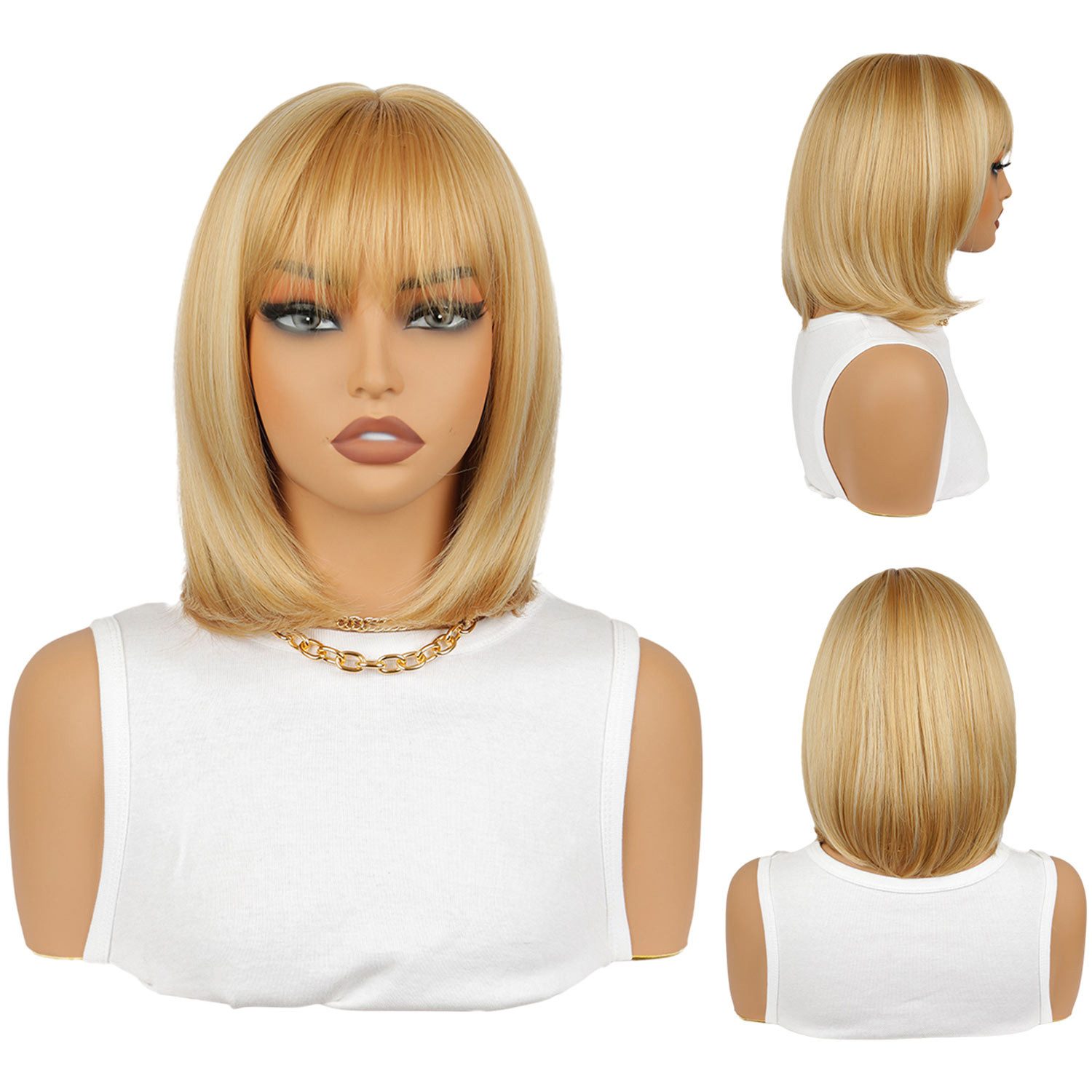 Kunsthaarperücke 30cm Bob Gerade Perücke Blond Kurzhaarperücke Damen Perrücke mit Pony