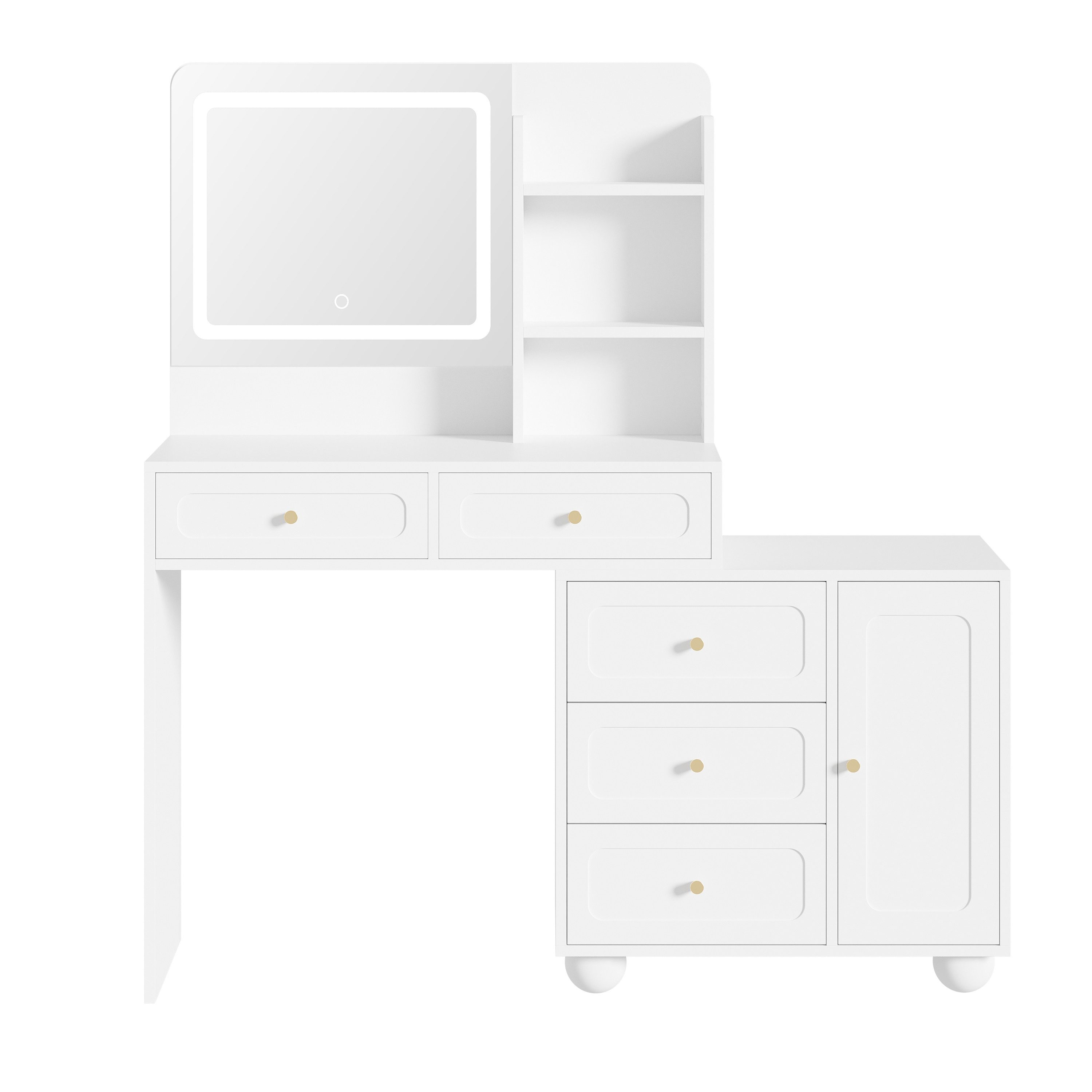 i@home Schminktisch Schminkkommode (mit HD, LED-Spiegel (3 Lichtmodi), 1-St., 80×40×127 cm, 5 Schubladen, 1 Tür, 3 Ablagen), Kosmetiktische weiß, mit Aufbewahrungsmöglichkeit für Schmuck