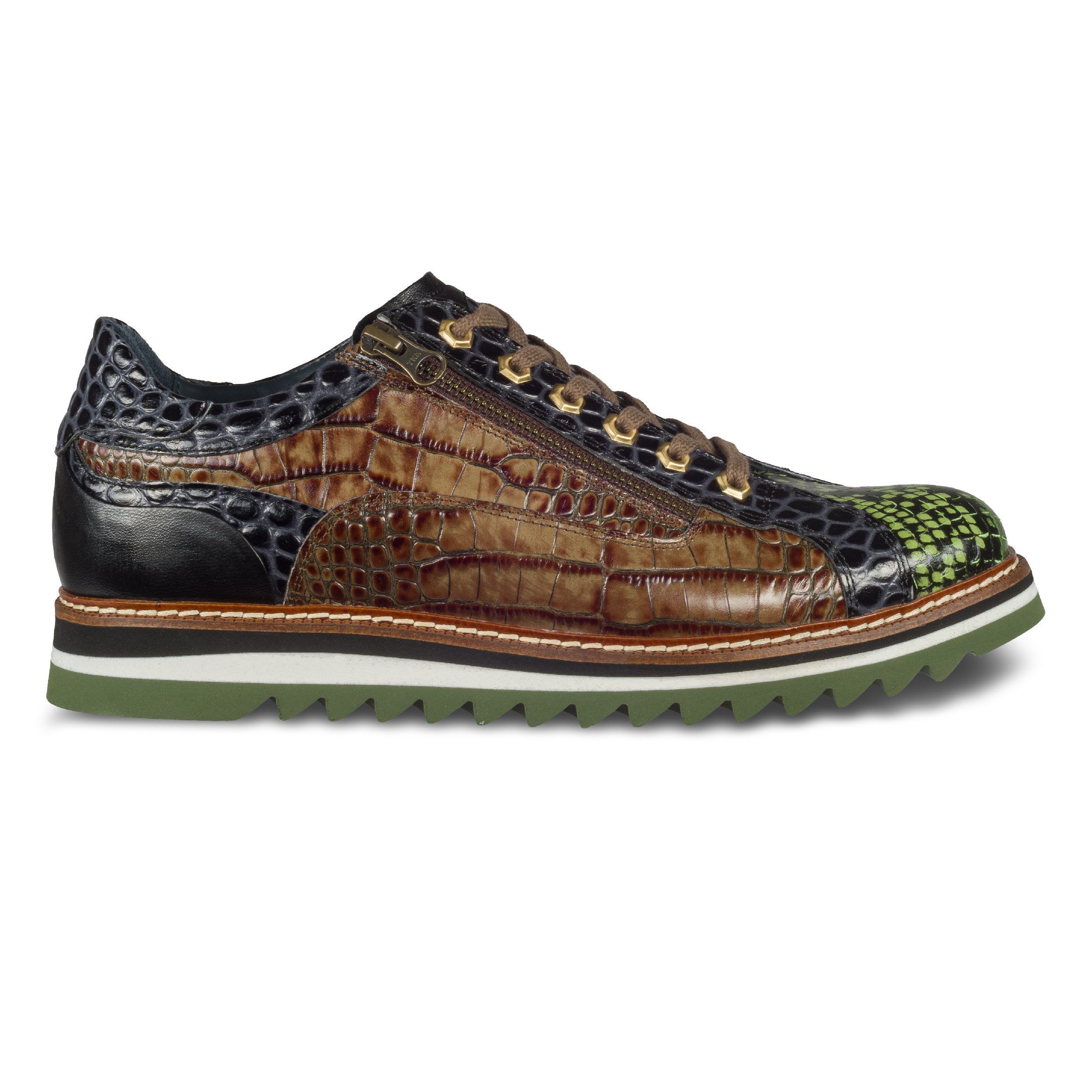 Lorenzi Lorenzi Herren Sneaker grün/braun, Leder Kroko-Prägung, Reißverschluß Sneaker Handgefertigt in Italien