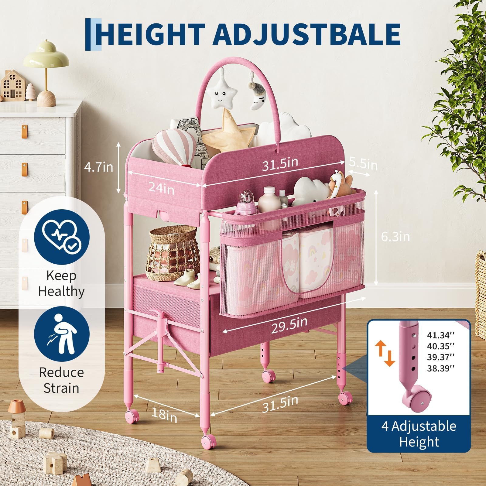 GarveeMore Wickeltisch Höhenverstellbarer Wickeltisch Klappbar, mit Rollen & Schubladen
