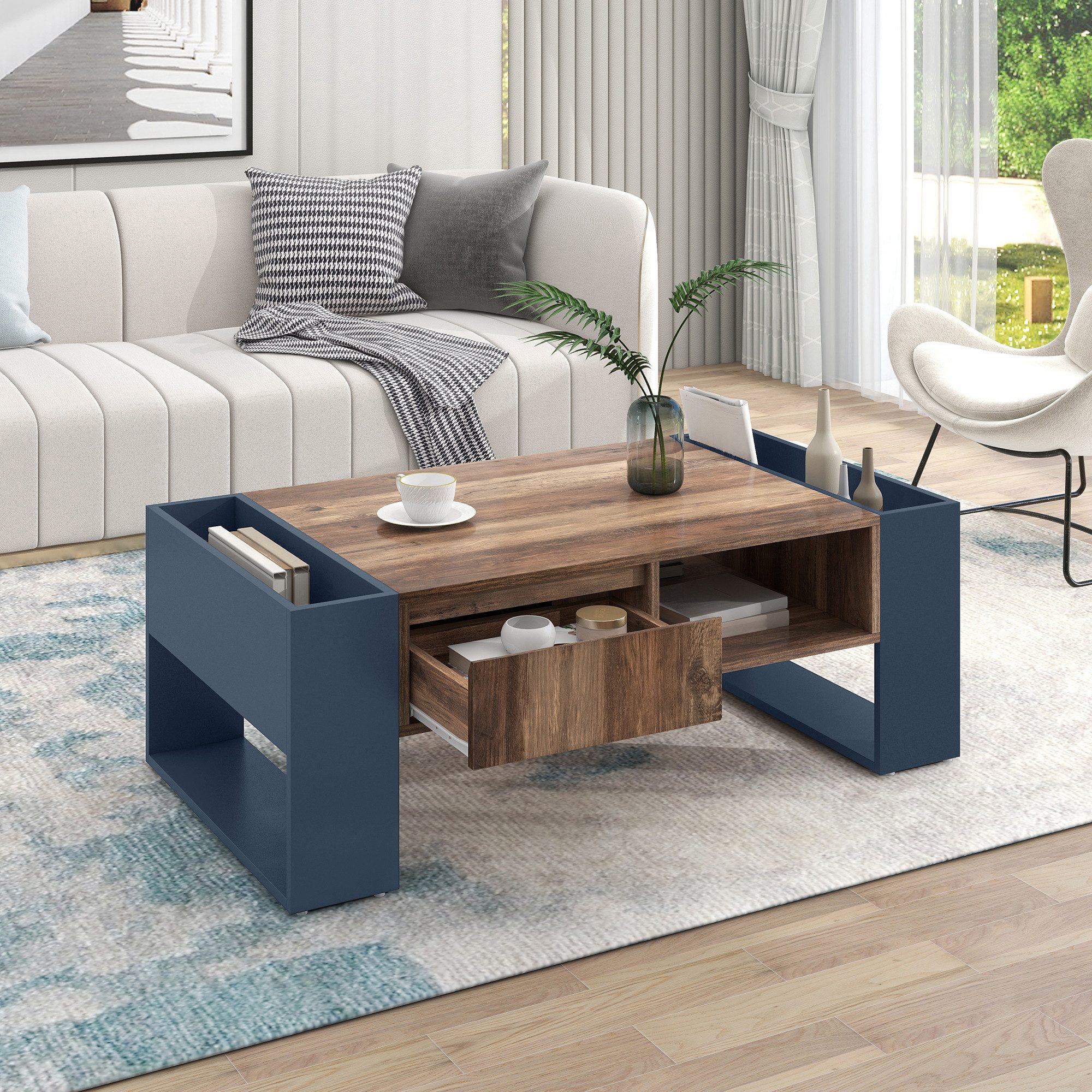 HAUSS SPOLE Couchtisch 111x40x60cm Holztisch mit Staufächern und Schublade (doppelseitiger Stauraum, Mit Staufächern auf beiden Seiten), mit Eine grifflose Schu – Bild 2 von 5