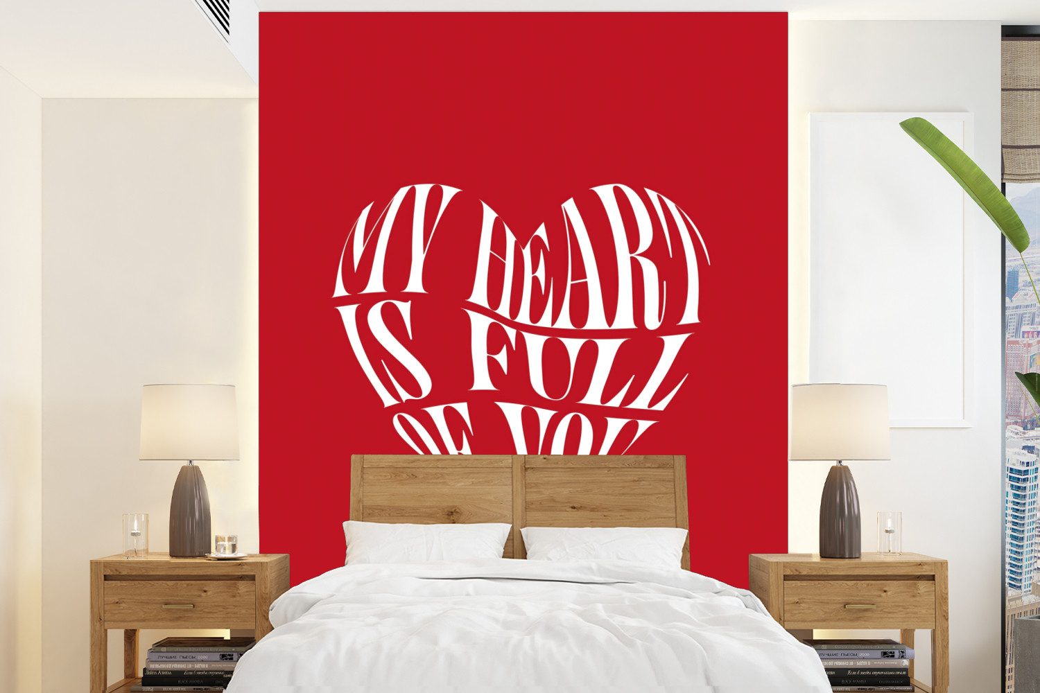 MuchoWow Fototapete Rot - Herz - Text - Valentinstag, Matt, bedruckt, Wallpaper für Wohnzimmer, Schlafzimmer, Vinyl Tapete, 165x220 cm