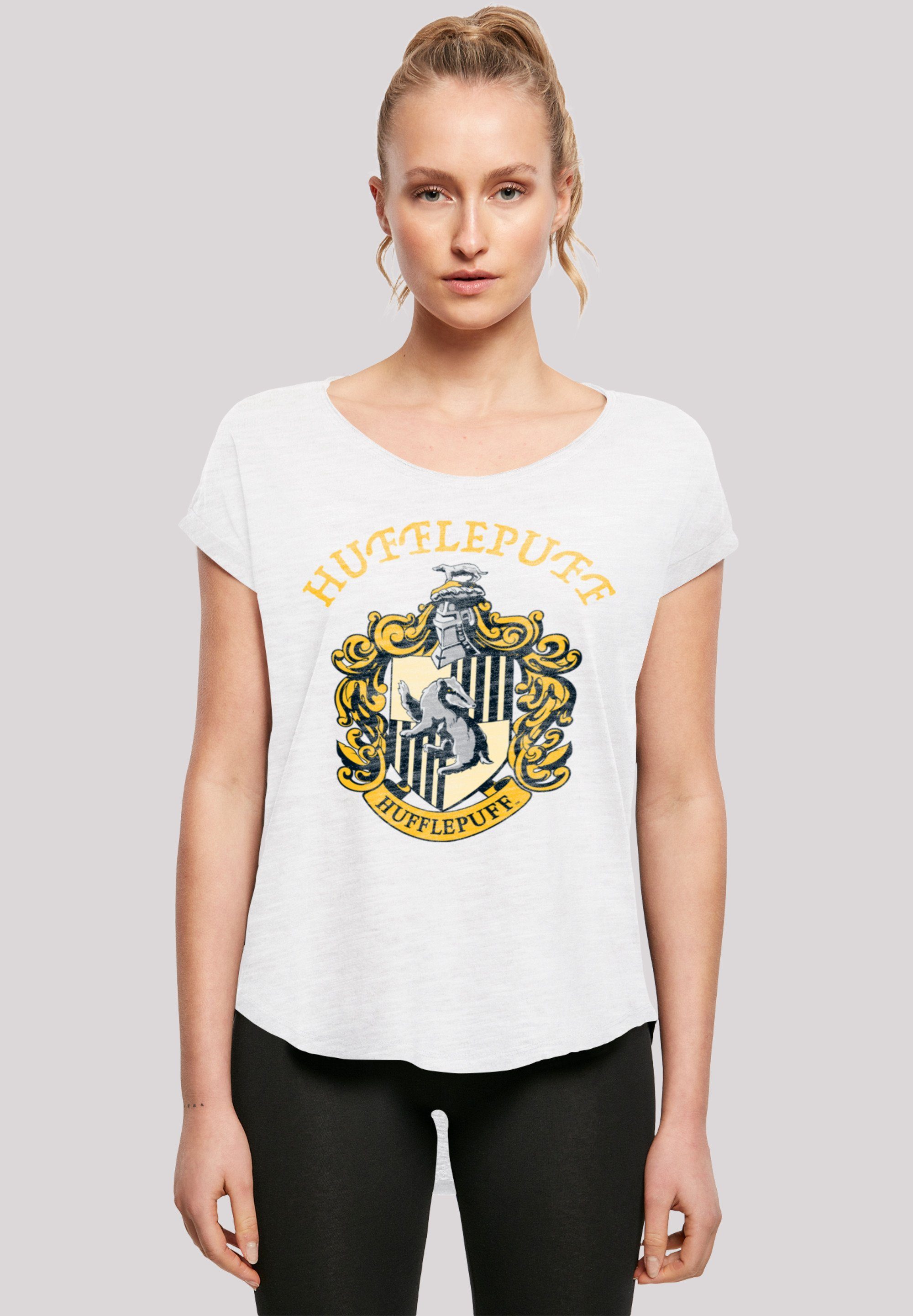 F4NT4STIC Kurzarmshirt Damen Harry Potter Crest with Slub Hufflepuff Long (1-tlg) white Ladies Tee