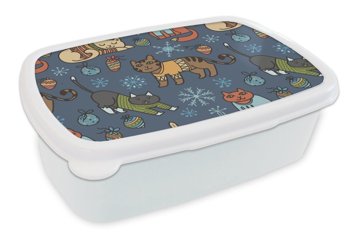 MuchoWow Lunchbox Katze - Tiere - Weihnachten - Muster, Kunststoff, (2-tlg), Brotbox für Kinder und Erwachsene, Brotdose, für Jungs und Mädchen weiß