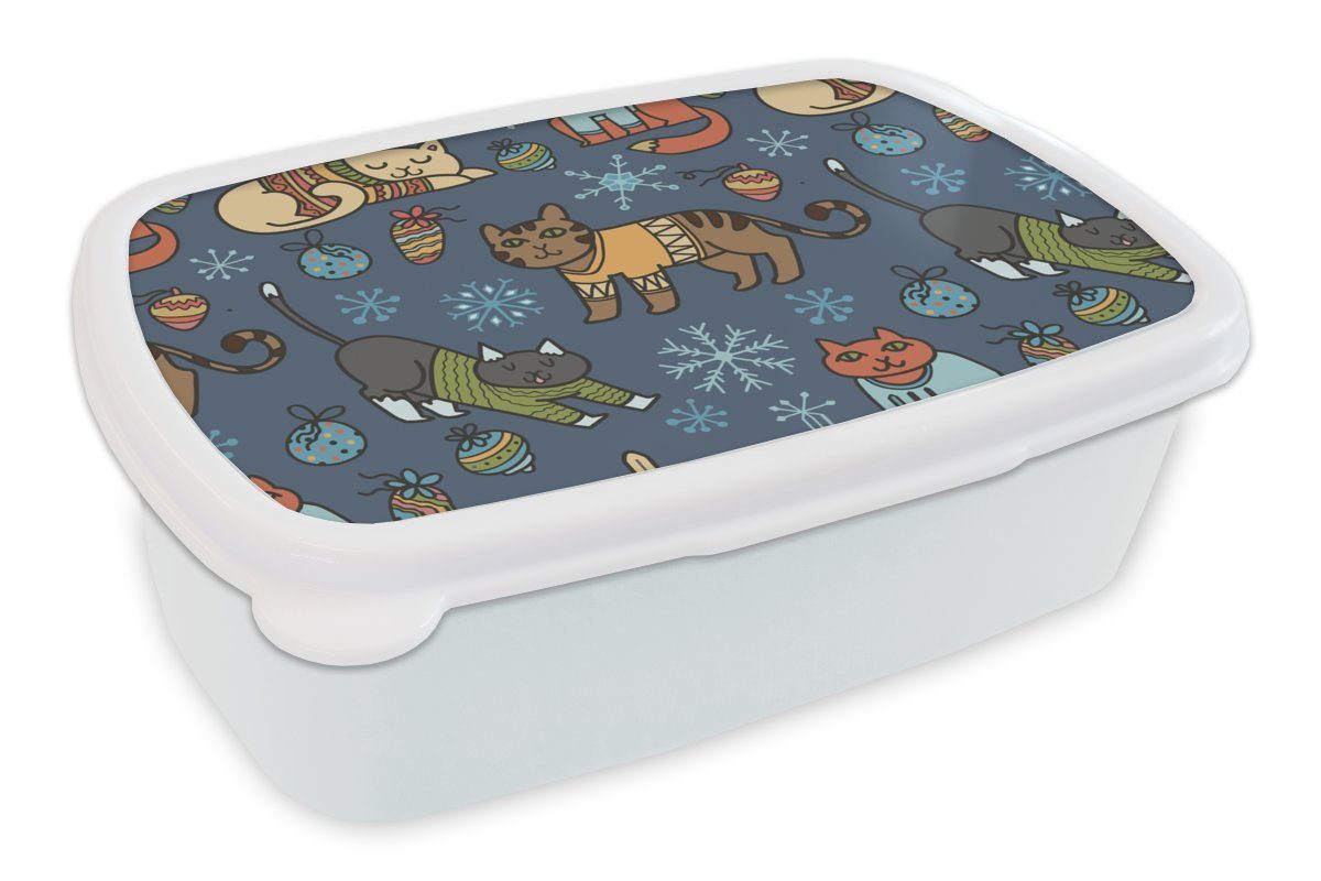 MuchoWow Lunchbox Katze - Kinder für Muster, und Jungs Mädchen für Erwachsene, weiß (2-tlg), Kunststoff, Tiere - Weihnachten Brotbox und Brotdose, 