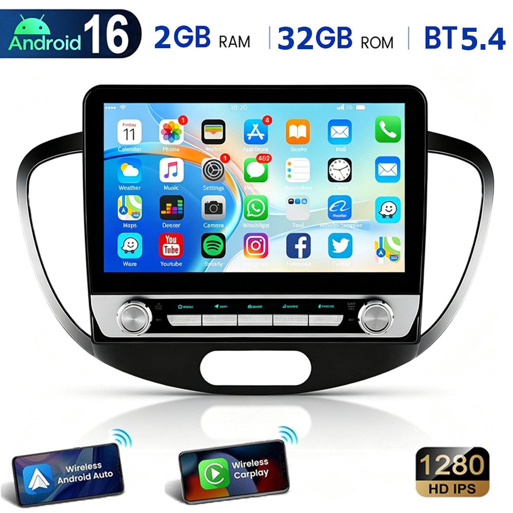 ESSGOO Autoradio Für Hyundai i10 2007-13 10.1" Android16 GPS Navi CarPlay RDS Autoradio (RDS, 4+64GB(optional), Digitalradio (DAB), GPS, 6+128GB(optional), FR, SWC)