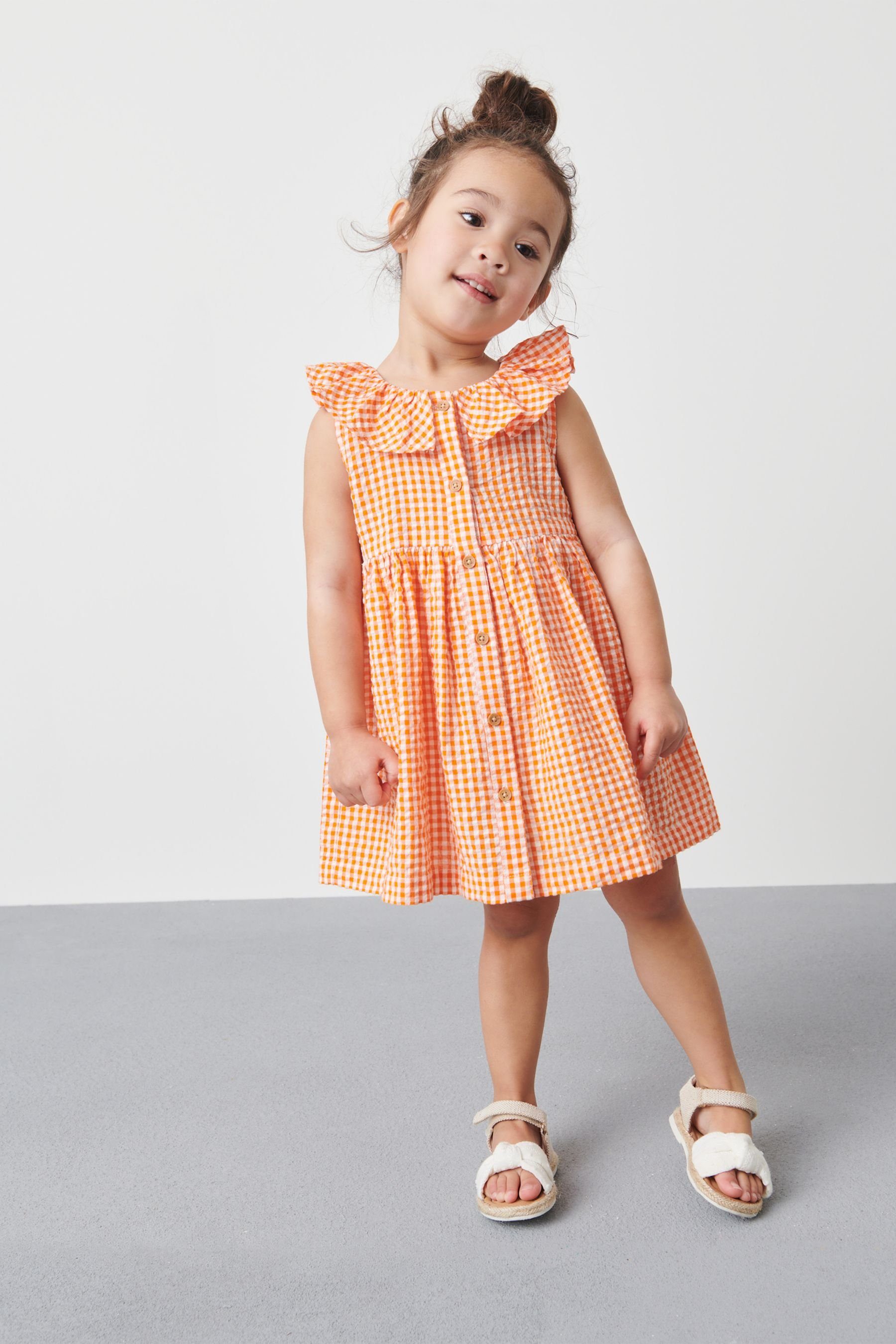 Kleid Gingham mit Sommerkleid Next Rüschenkragen Orange (1-tlg)