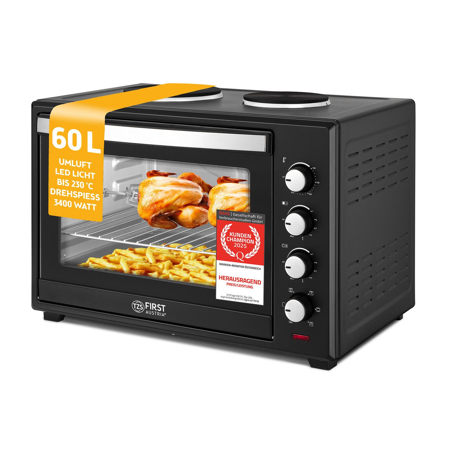 TZS FIRST AUSTRIA Minibackofen Pizzaofen mit Kochplatten, 60L, 3400W, Mini Backofen mit Umluft, max 230°C, Backblech, Drehspieß, Grillrost, Innenbeleuchtung