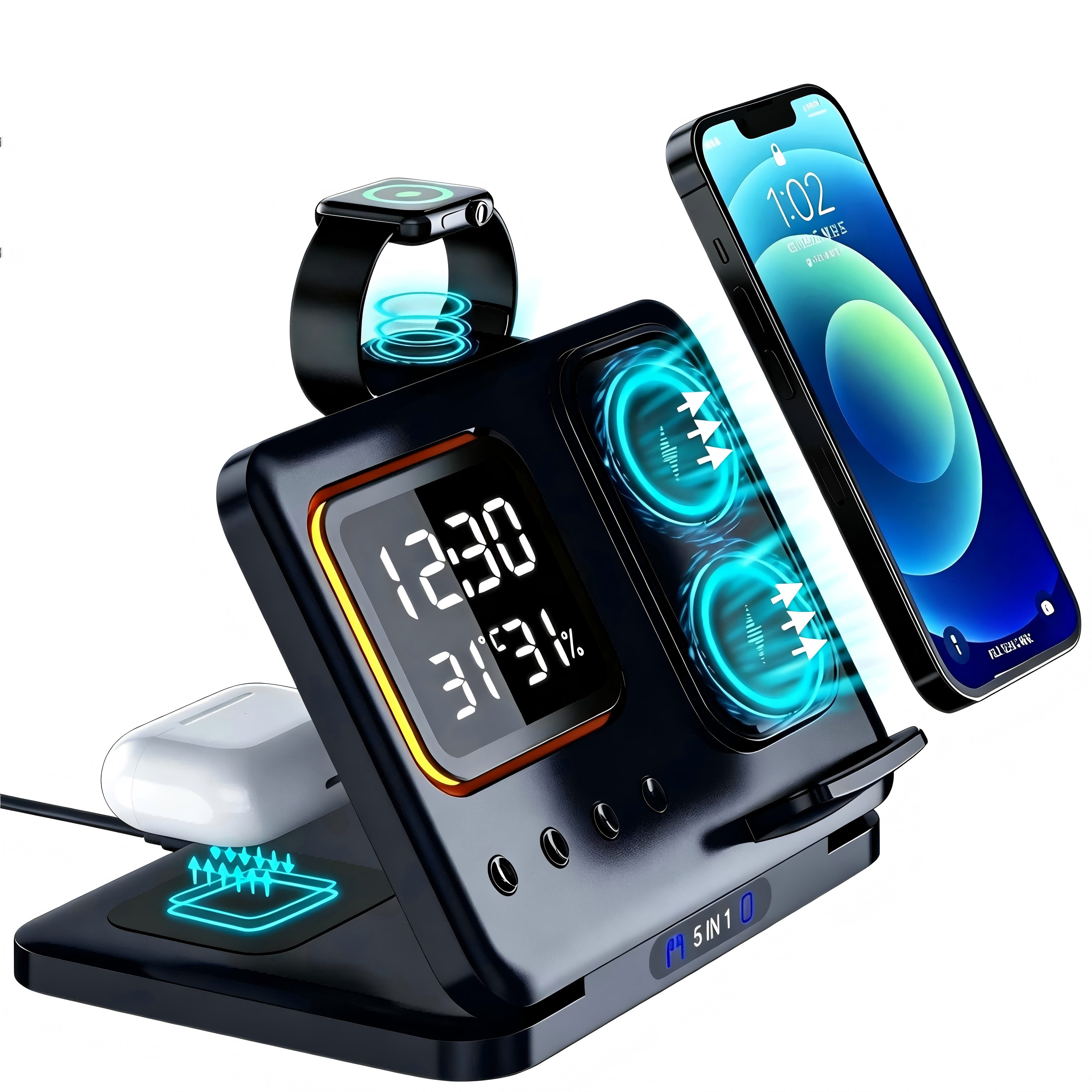 Toomoke Ladegerät, 5-in-1 Wireless Charger, Induktive Ladestation, Handy Ladestation (für Smartphone, Smartwatch, Kopfhörer, mit Wecker und Nachtlicht, Digitalwecker, LED-Uhr, Nachtlicht, Temperatur- & Luftfeuchteanzeige)