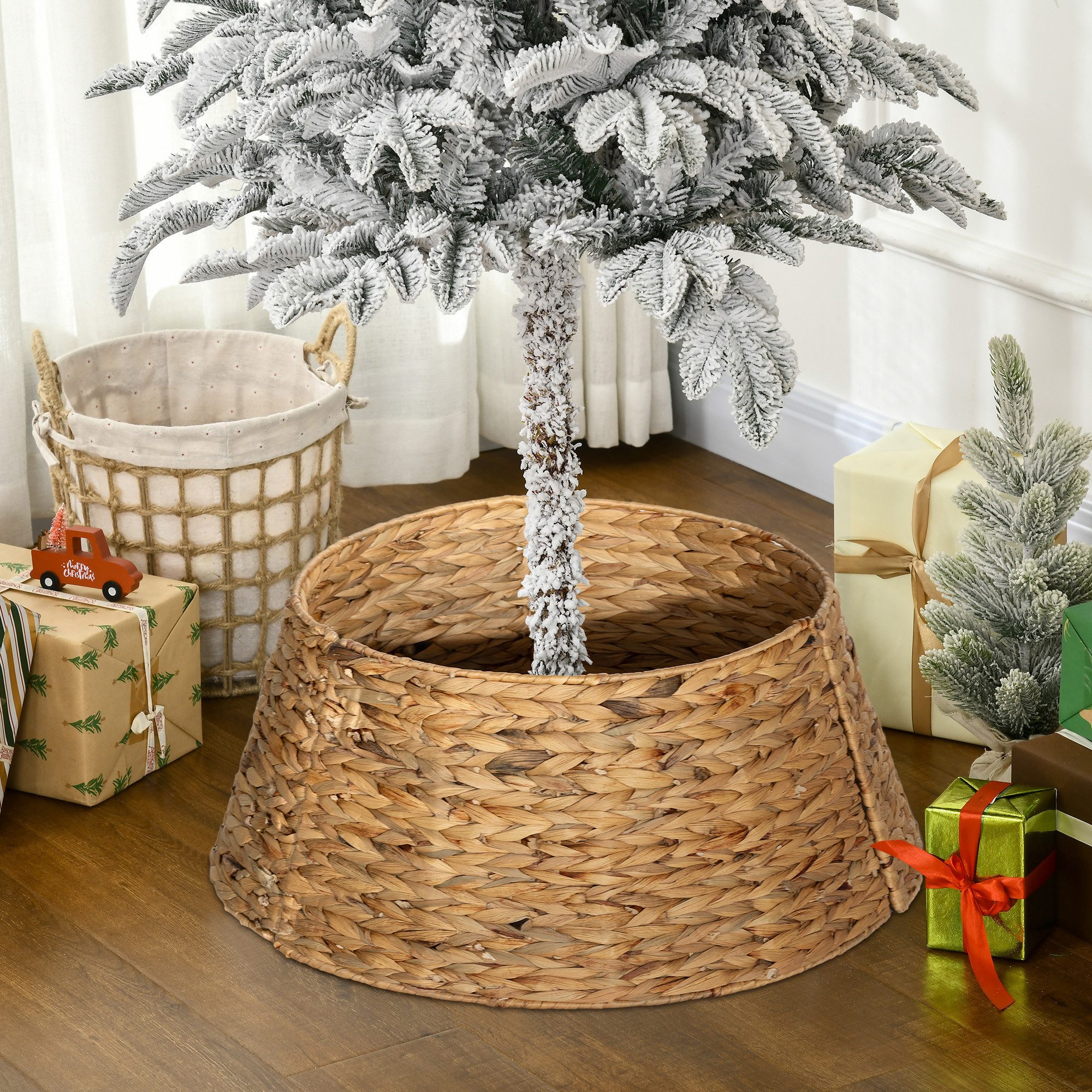 HOMCOM Christbaumständer Weihnachtsbaum Rock aus Wasserhyazinthe 60 cm (Unten) 45cm (Oben) (Weihnachtsbaumstragen, 3-tlg., Weihnachtsbaumständer), für Party, Weihnachten, Natur