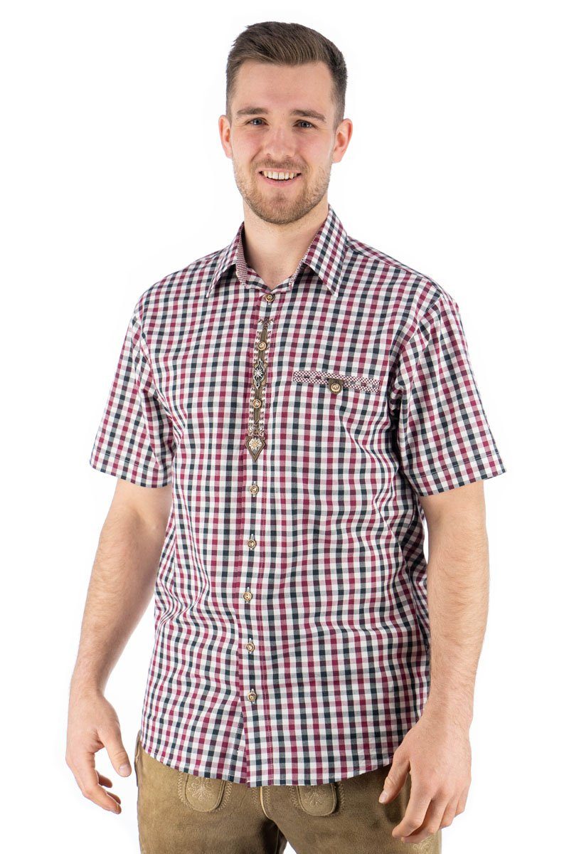 OS-Trachten Trachtenhemd Epomo Herren Kurzarmhemd mit Liegekragen weinrot