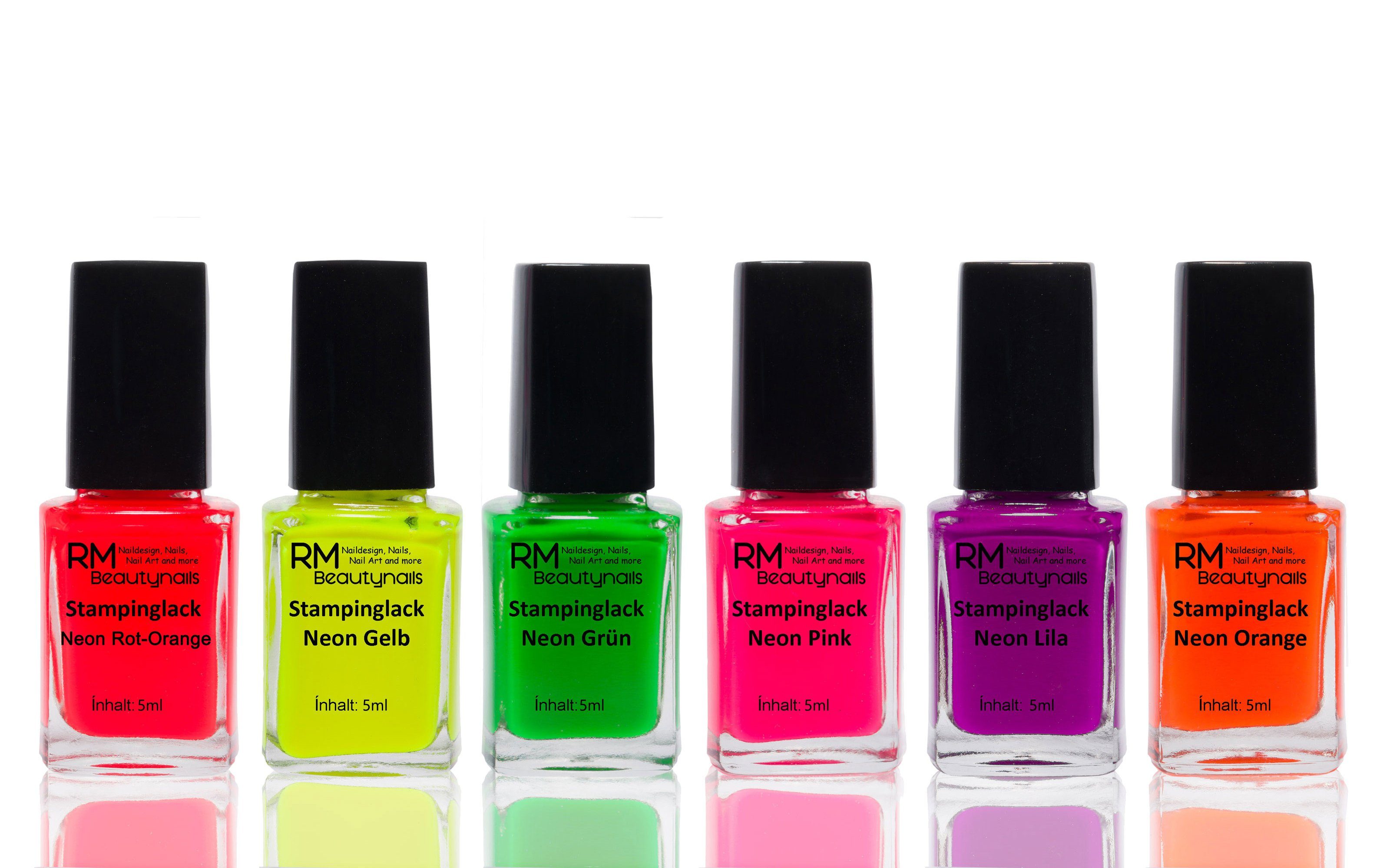 RM Beautynails Nagellack-Set Neon Nagellack Stamping Set Rot Gelb Grün Pink Lila Orange Nail Polish, Schnell trocknend