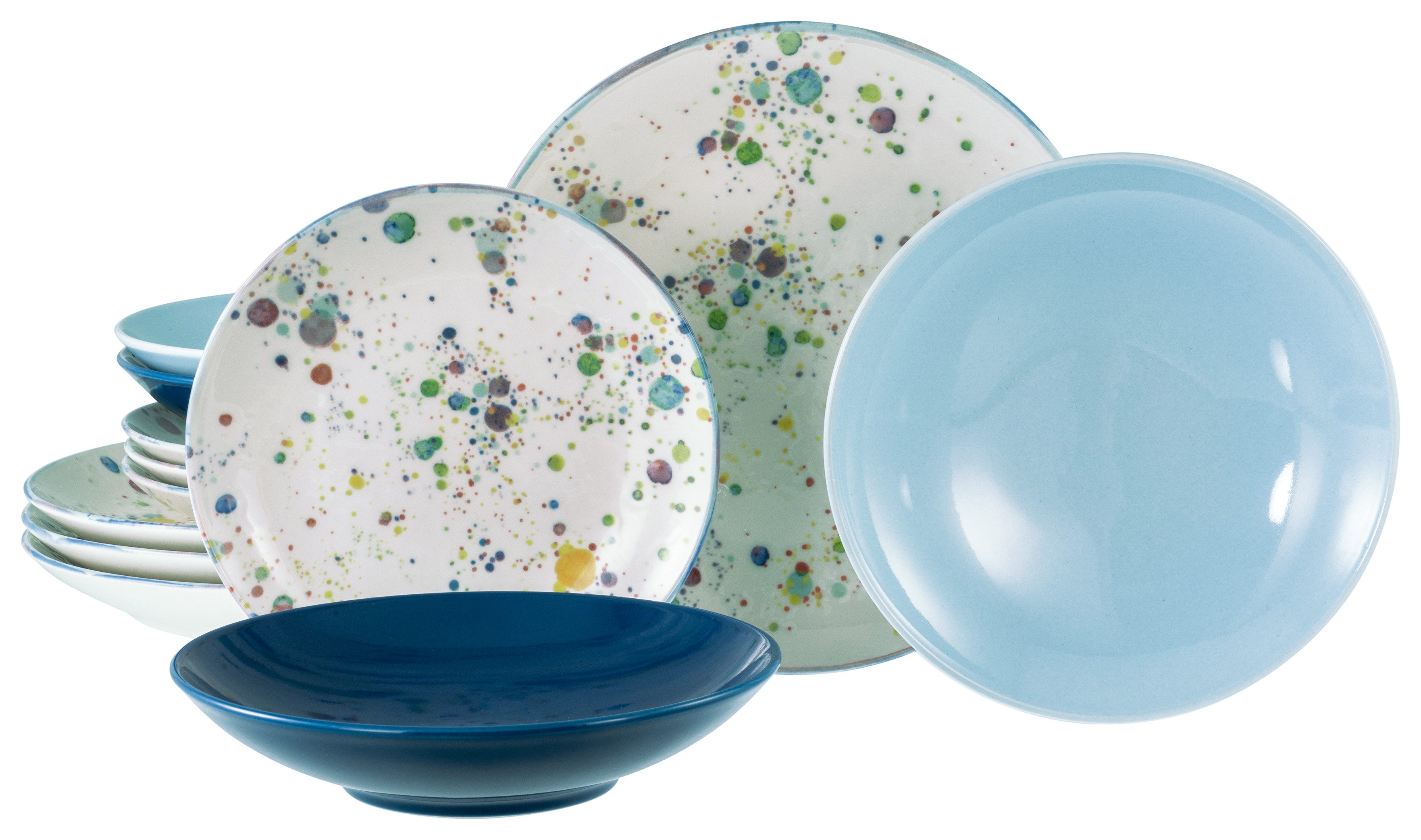 CreaTable Teller-Set Candy Drops, Tellerset 12-tlg. (12-tlg), 4 Personen, Steinzeug, Unregelmäßige bunte Punkte, Gute Laune Geschirr, Frisch, Freundlich