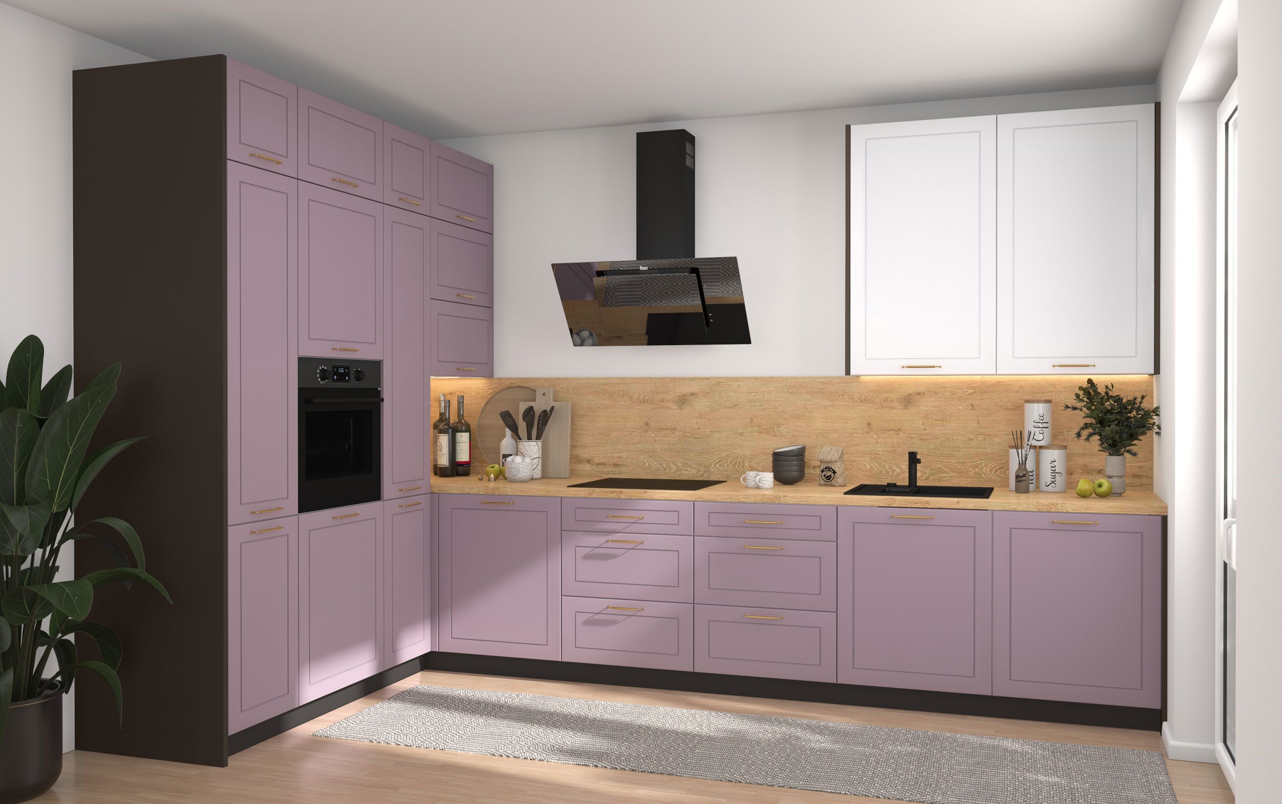 Feldmann-Wohnen Küchenzeile Bari, (16-teilig, inklusive Abschlussrahmen, Blum Metabox Schubladensystem), 202x347cm, L-Form, lava / pastellviolett - signalweiß