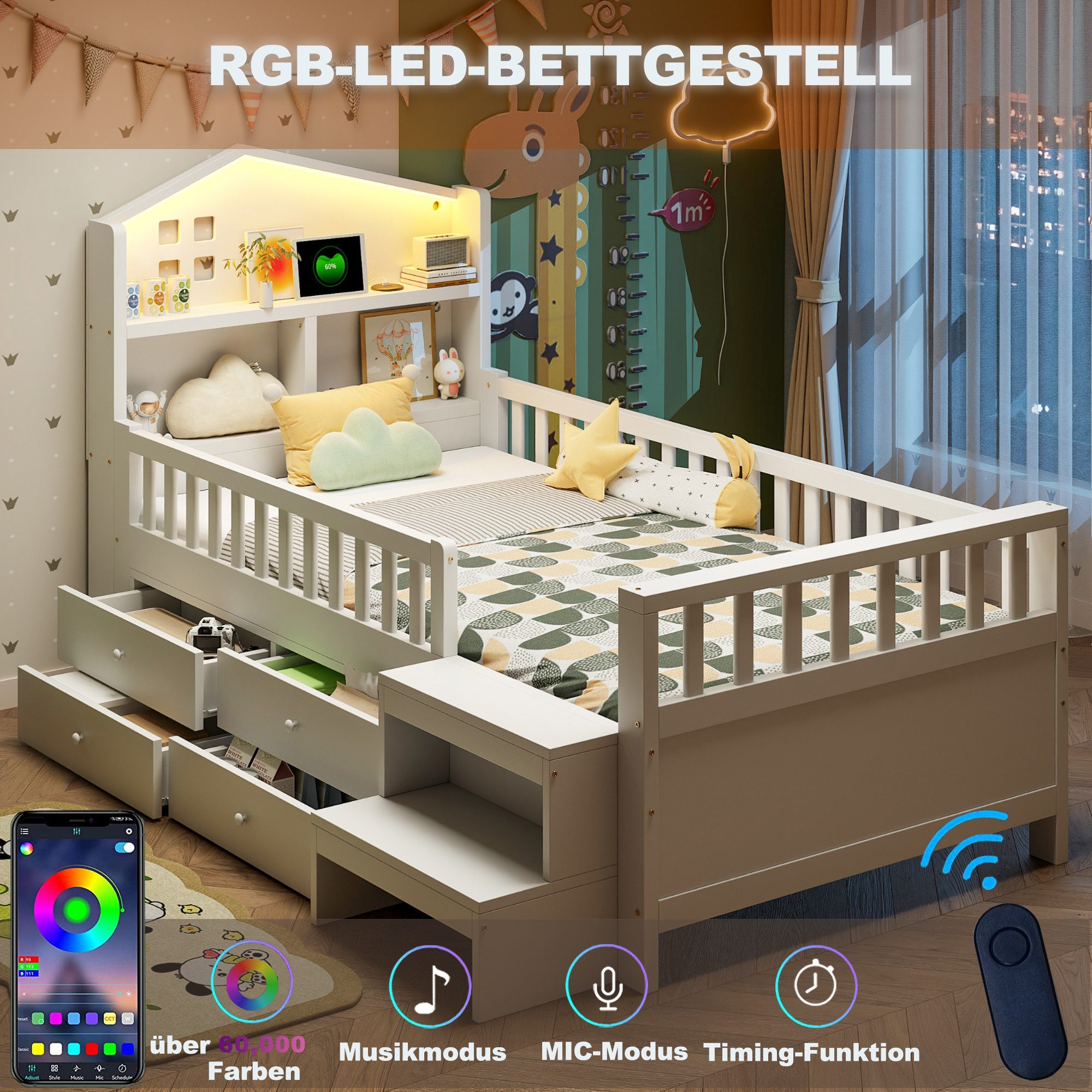 REDOM Kinderbett mit Sicherheitsgitter, vier Schubladen günstig online kaufen