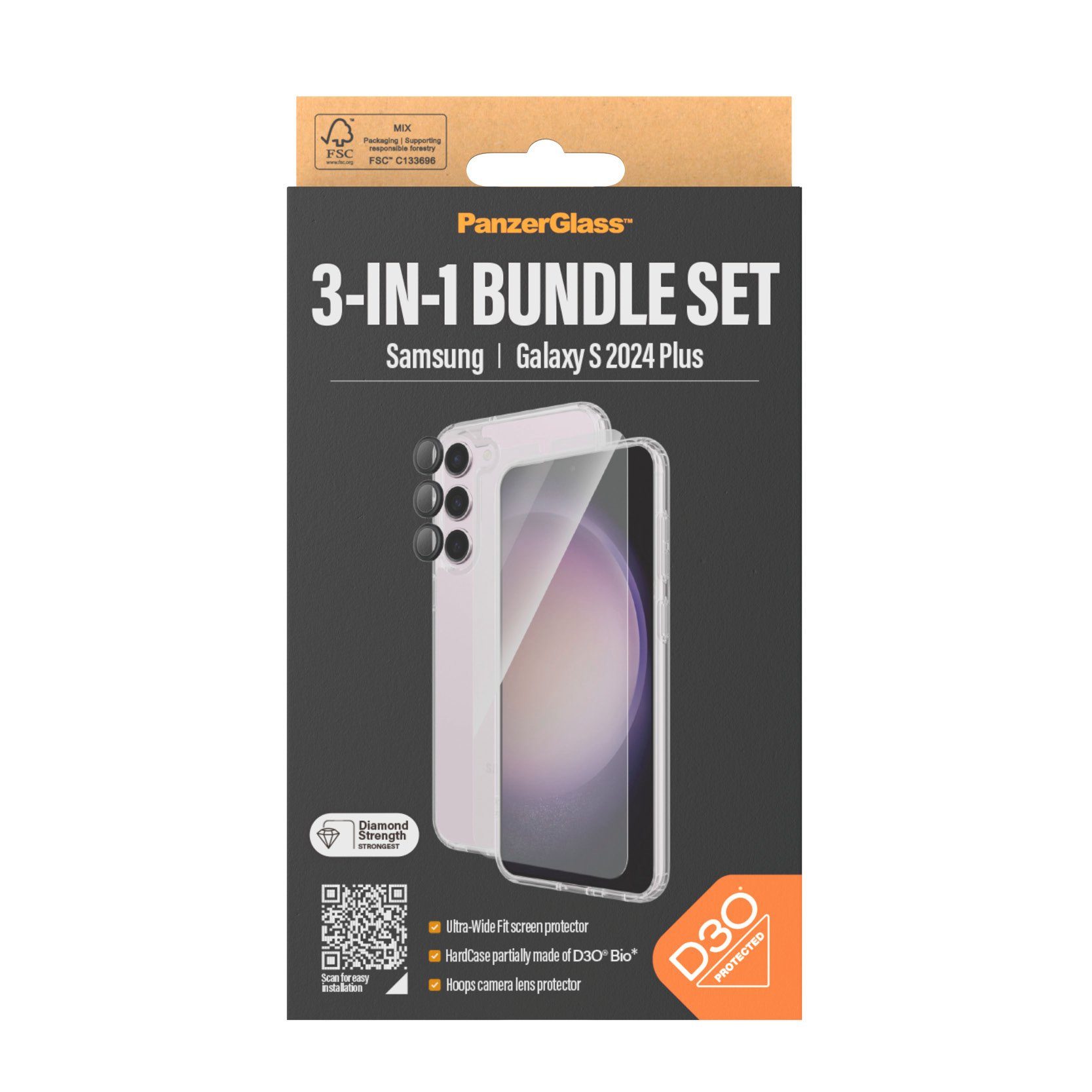 PanzerGlass Displayschutzglas 3-in-1 Bundle Set Screen Protector, Case und Camera Lens Protector für Samsung Galaxy S24+, Displayschutzfolie, Backcover, Lens Cover, Rundumschutz