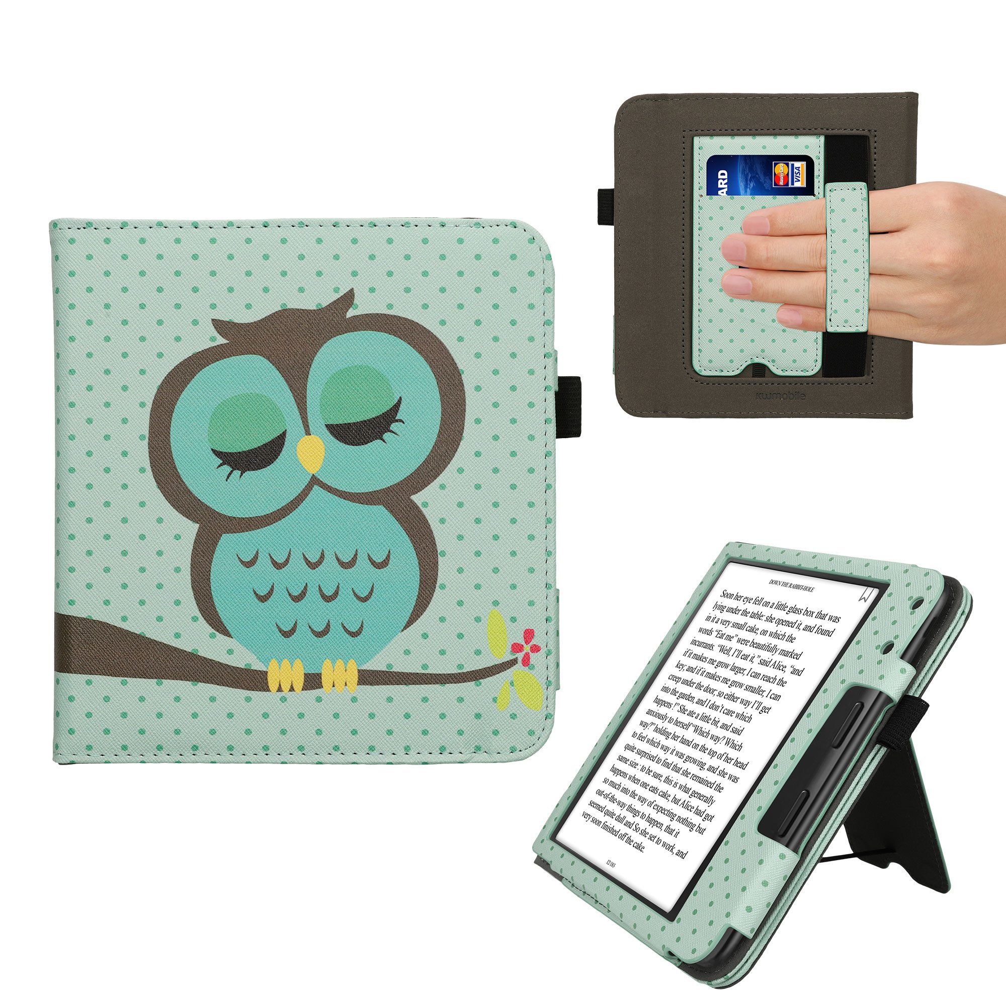 kwmobile E-Reader-Hülle Flip Schutzhülle für Kobo Kobo Libra Colour / Tolino Vision Color, Handschlaufe - Cover Eule Schlaf Design