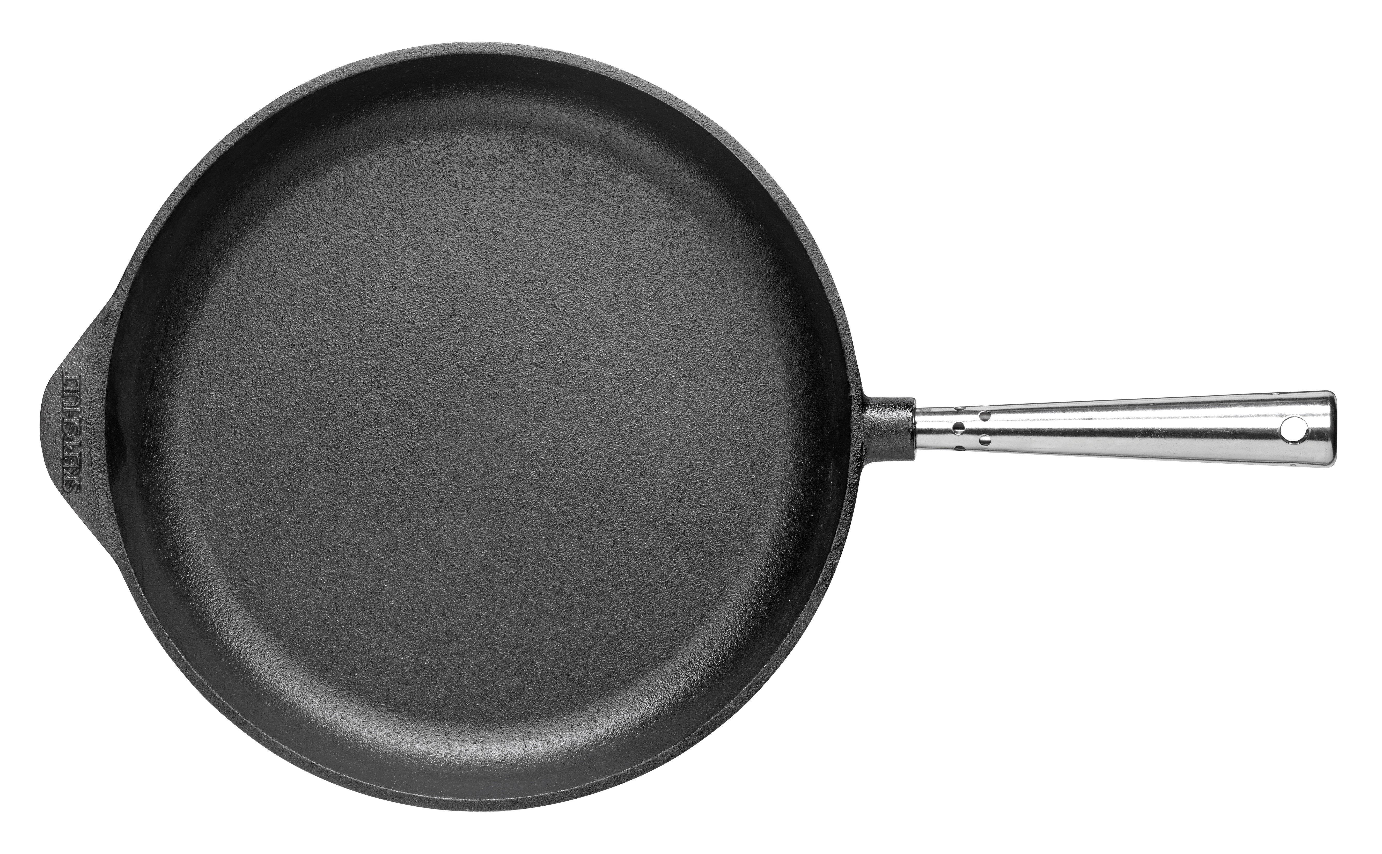 Dekomiro Bratpfanne Guss Pfanne SK-0005 mit Edelstahlgriff - Skeppshult - 28 cm, Gusseisen (Set, 1-tlg., 1 Gusspfanne mit Reinignugsbürste), edelstahl Griff, alle Herdarten, Induktion, Gas, Backofen, Grill