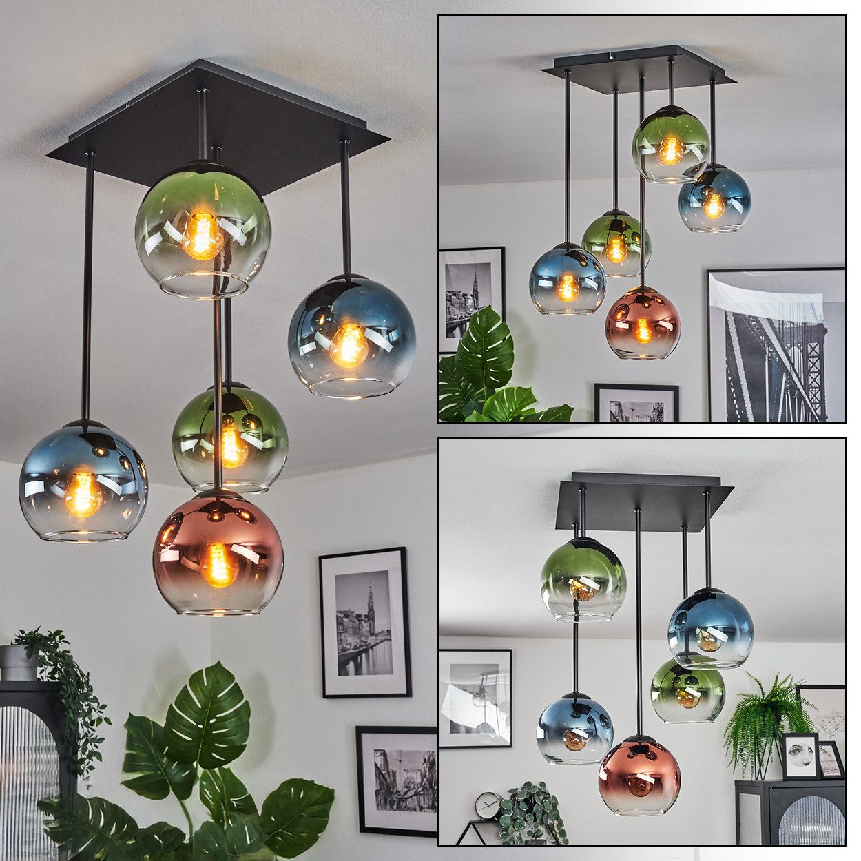 hofstein Deckenleuchte Deckenlampe aus Metall/Glas in Schwarz/Blau/Grün/Kupferfarben/Klar, ohne Leuchtmittel, Deckenleuchte im Retro/Vintage-Design (Schirme Ø 15 cm), 5 x E14